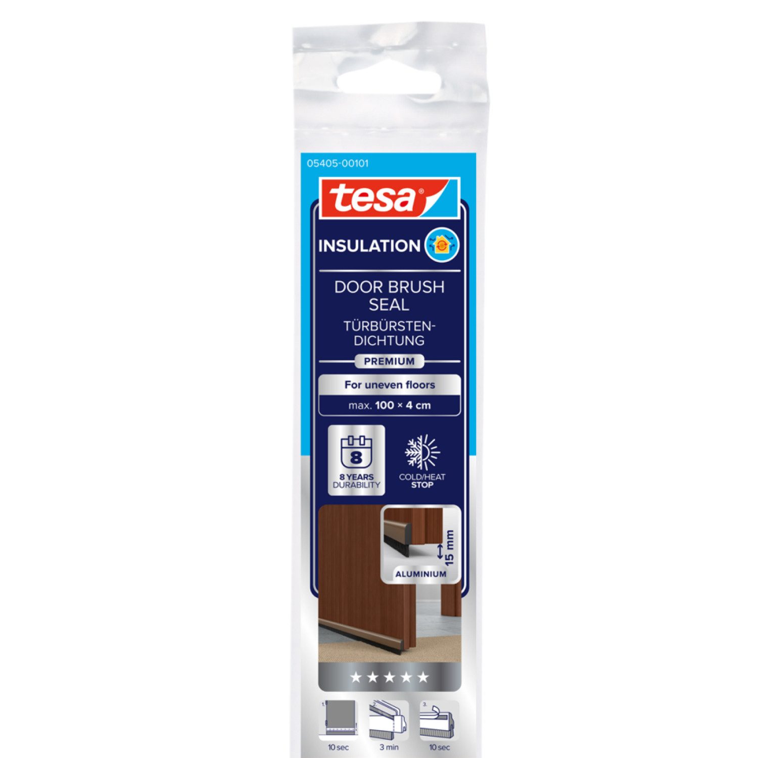 tesa Türbodendichtung INSULATION Premium Türdichtschiene für unebene Böden, L: 100 cm, (Packung, 1-St., Türdichtung Braun - mit Bürstendichtung bis 15 mm), selbstklebende Alu-Türdichtung zum Schutz vor Zugluft