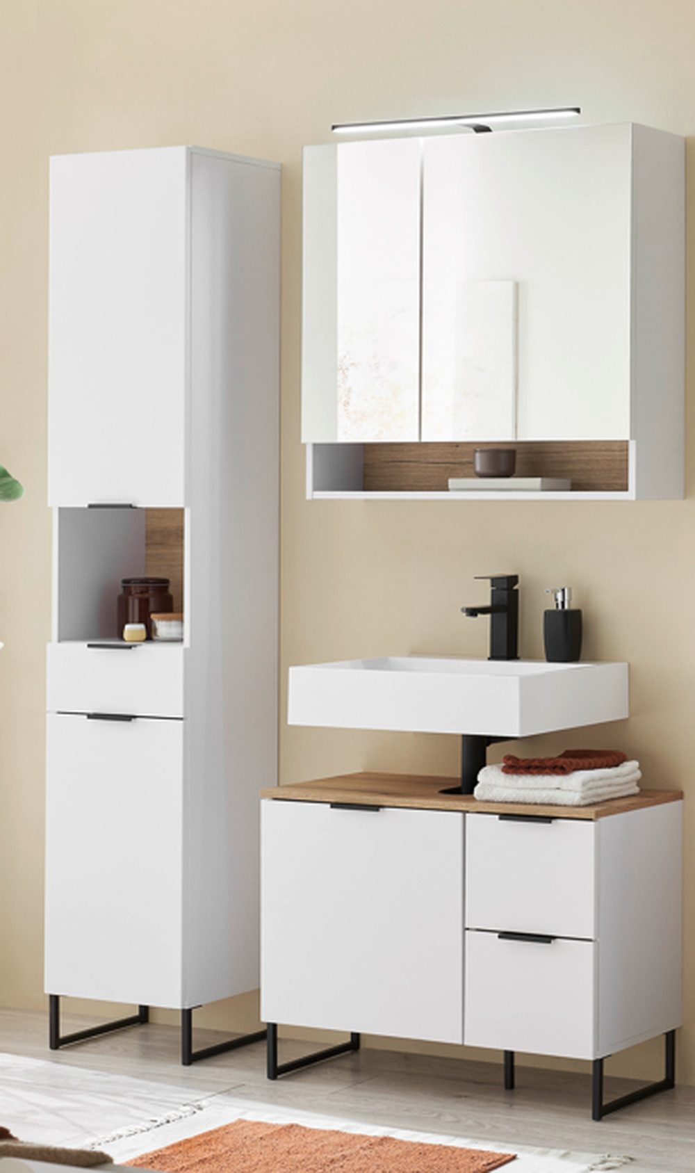 BEGA BBK Badezimmer-Set (3-tlg) in weiß matt / Evoke Eiche Dekor - 140x195x35 (BxHxT), (3-tlg., bestehend aus: Waschbeckenunterschrank,Spiegelschrank, Hochschrank)