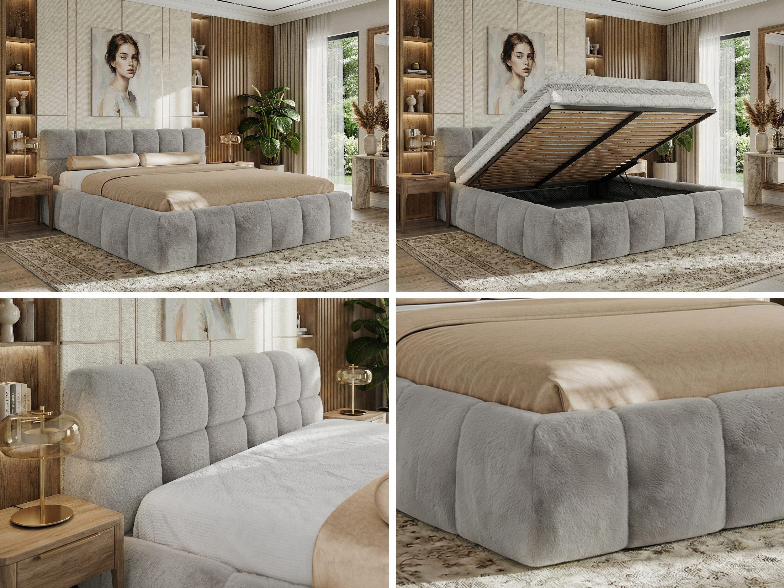 MKS MÖBEL Polsterbett NIRA Classic (Designerbett mit Bettkasten, skulpturale Polster), Lattenrost integriert, 140–200x200 cm