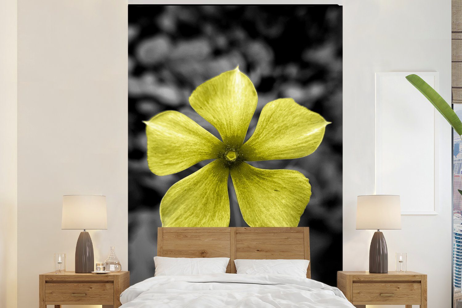 MuchoWow Fototapete Blumen - - (3 St), Vinyl - Weiß, Wohnzimmer, Wandtapete für bedruckt, Montagefertig Schwarz Matt, Gelb Tapete