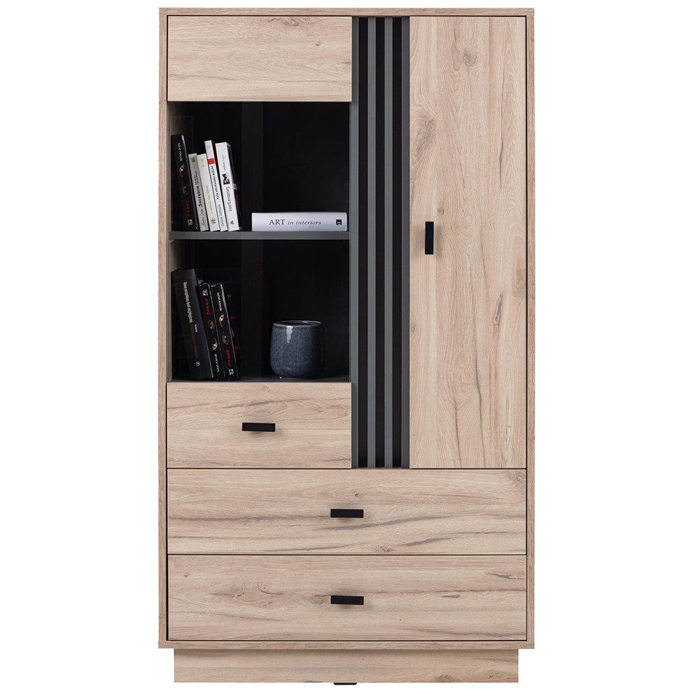 Lomadox Vitrine ANTIGUA-133 Eiche mit Anthrazit, 2 Türen, 2 Schubladen, 80 cm breit