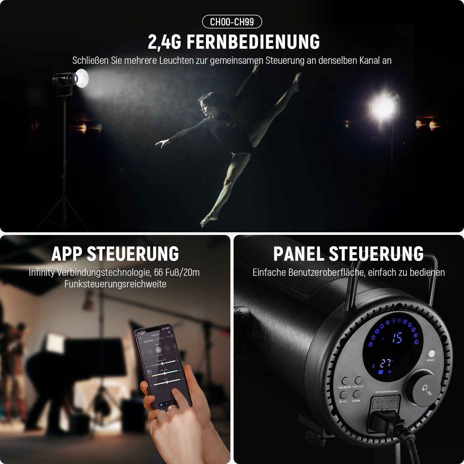 Neewer Videoleuchte CB200B 210W COB Bi-Color LED Videoleuchte Studiolicht, mit 2,4G/APP Fernbedienung, 2700K-6500K, CRI97+, 12 Effekte – Bild 4 von 5