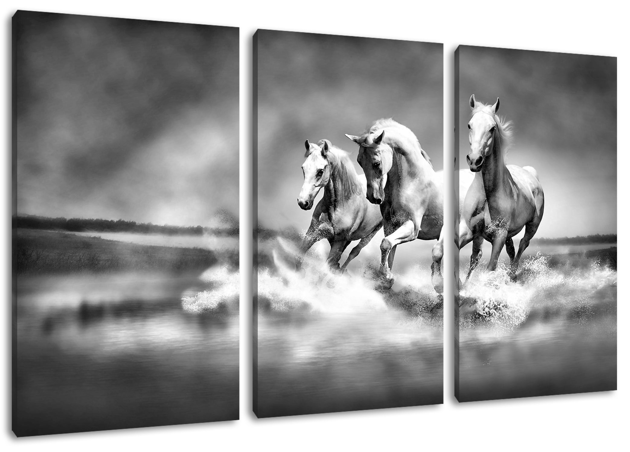 Pixxprint Leinwandbild Pferde rennen Zackenaufhänger bespannt, Wasser (1 (120x80cm) 3Teiler fertig Leinwandbild inkl. Wasser, Pferde St), rennen im im
