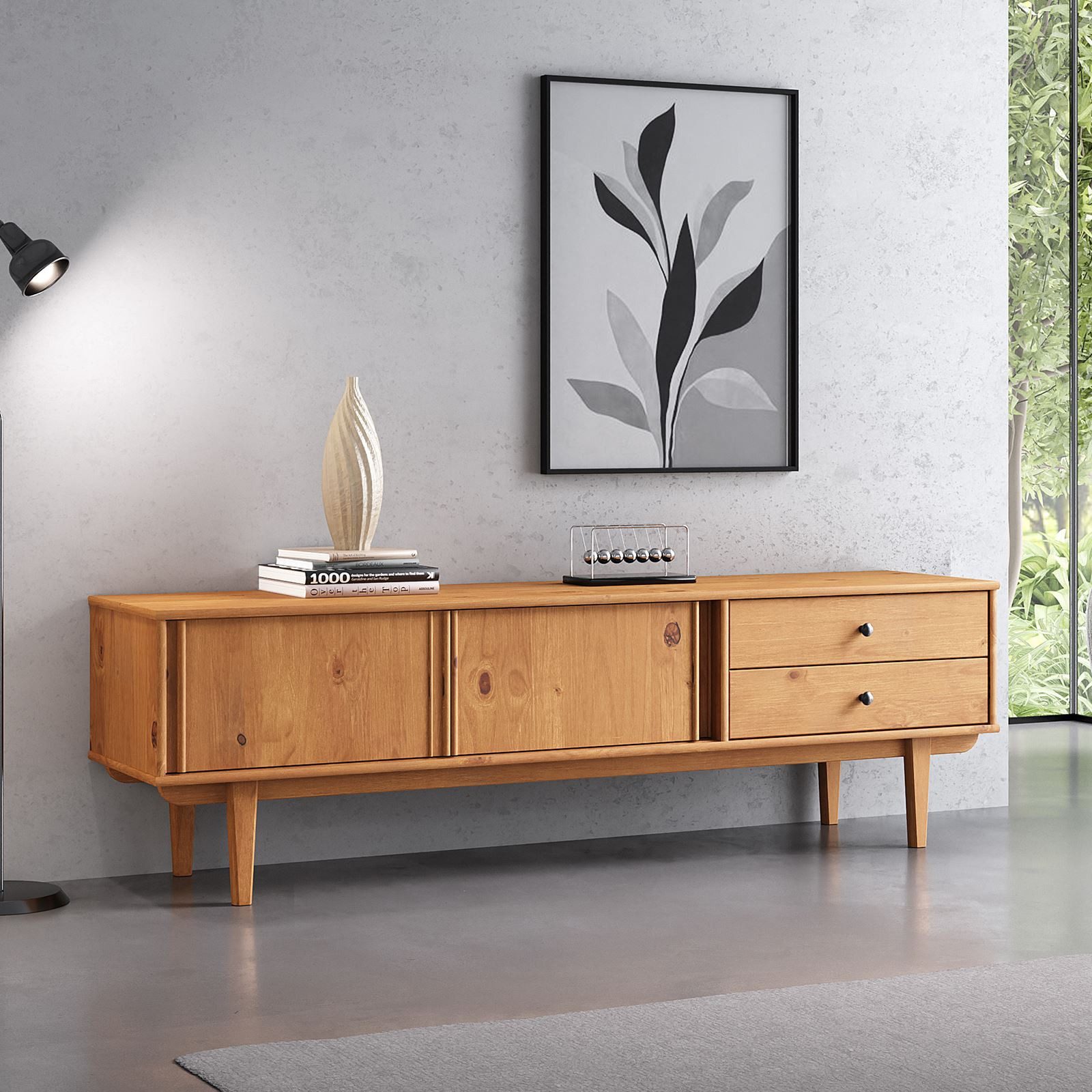 IDIMEX Lowboard SIMONA, TV Lowboard 175 cm aus Massivholz mit 2 Schiebetüren Eiche Finish