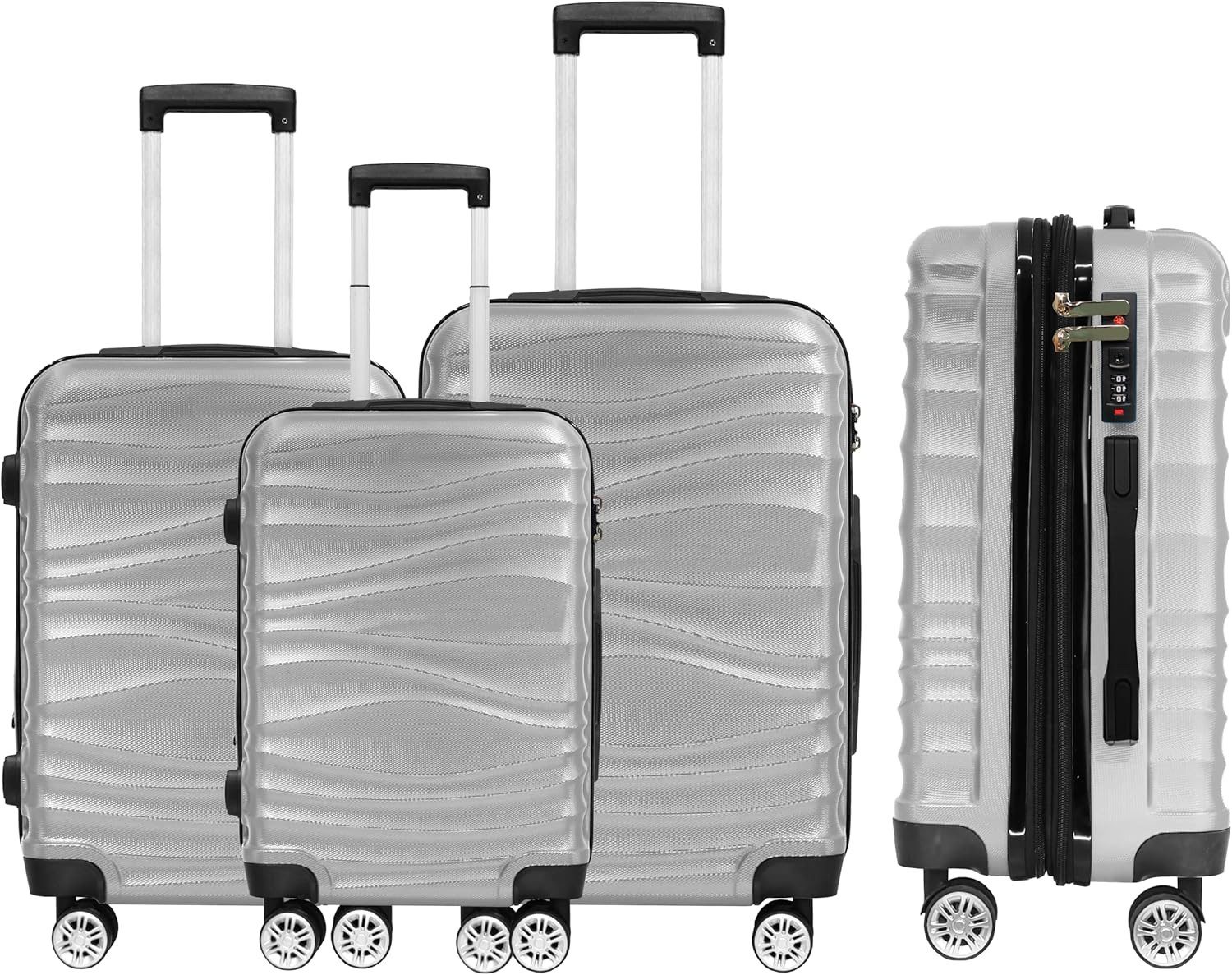 DMS Kofferset DMS® 3tlg Hartschalenkoffer Reisekoffer Schloss ABS-Hartschale Silber