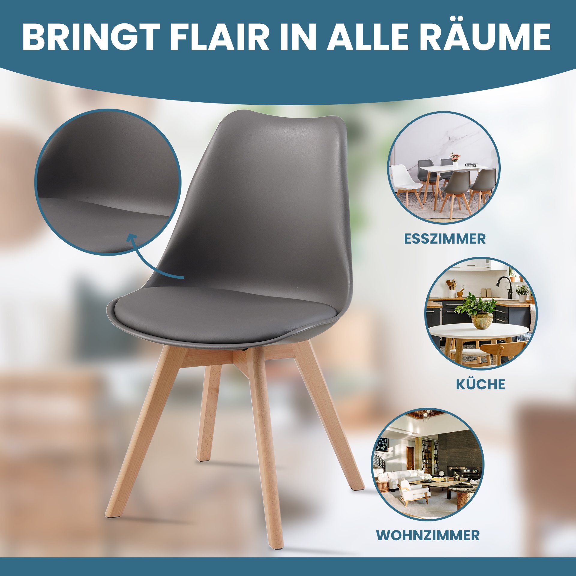 Albatros International Esszimmerstuhl Esszimmer Stühle 4 er Set AARHUS, Stuhl Stühle Esszimmerstühle (4er Set Grau Buche), Buche Massiv-Holz, Esszimmerstuhl Küc – Bild 4 von 5