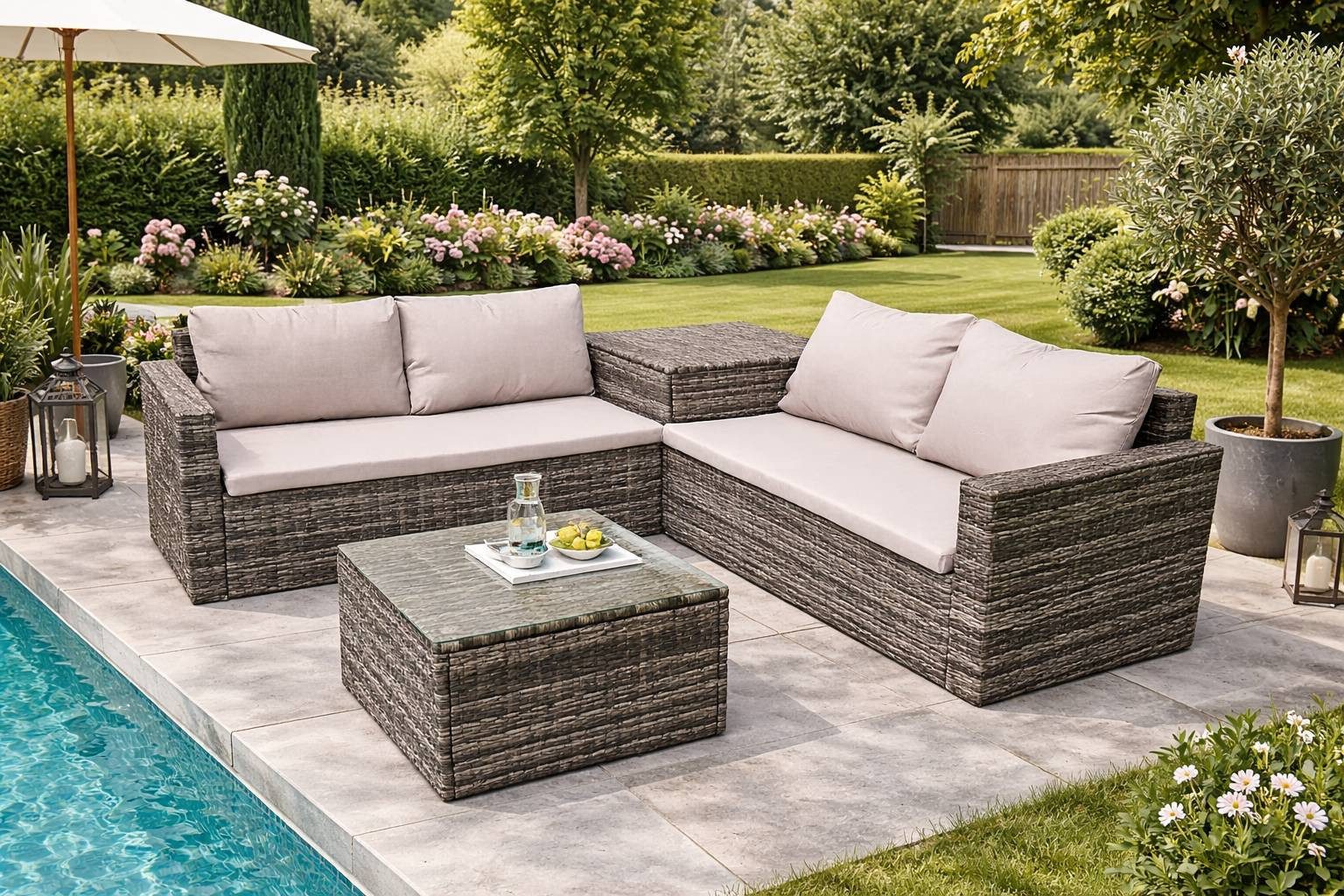 TEICO GROUP Gartenlounge-Set Polyrattan Lounge-Set Kissenbox m. Gasdruckfeder Sitz- u. Rückenkissen, (4-tlg)