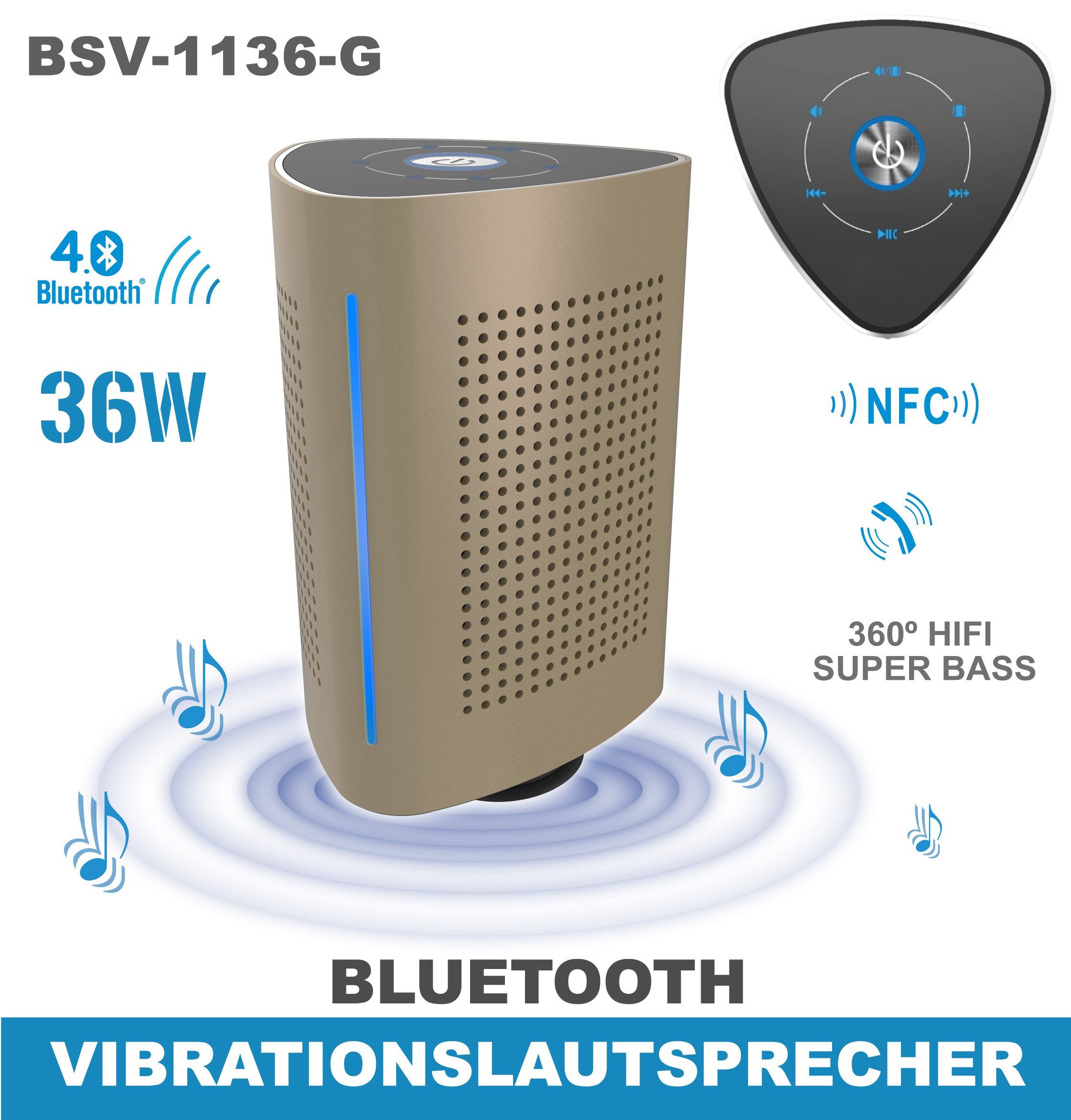RICOO Bluetooth Vibrationslautsprecher Resonanzlautsprecher BSV-1136-G Bluetooth-Speaker (Bluetooth Speaker Bass tragbarer Subwoofer NFC Resonanz Lautsprecher)