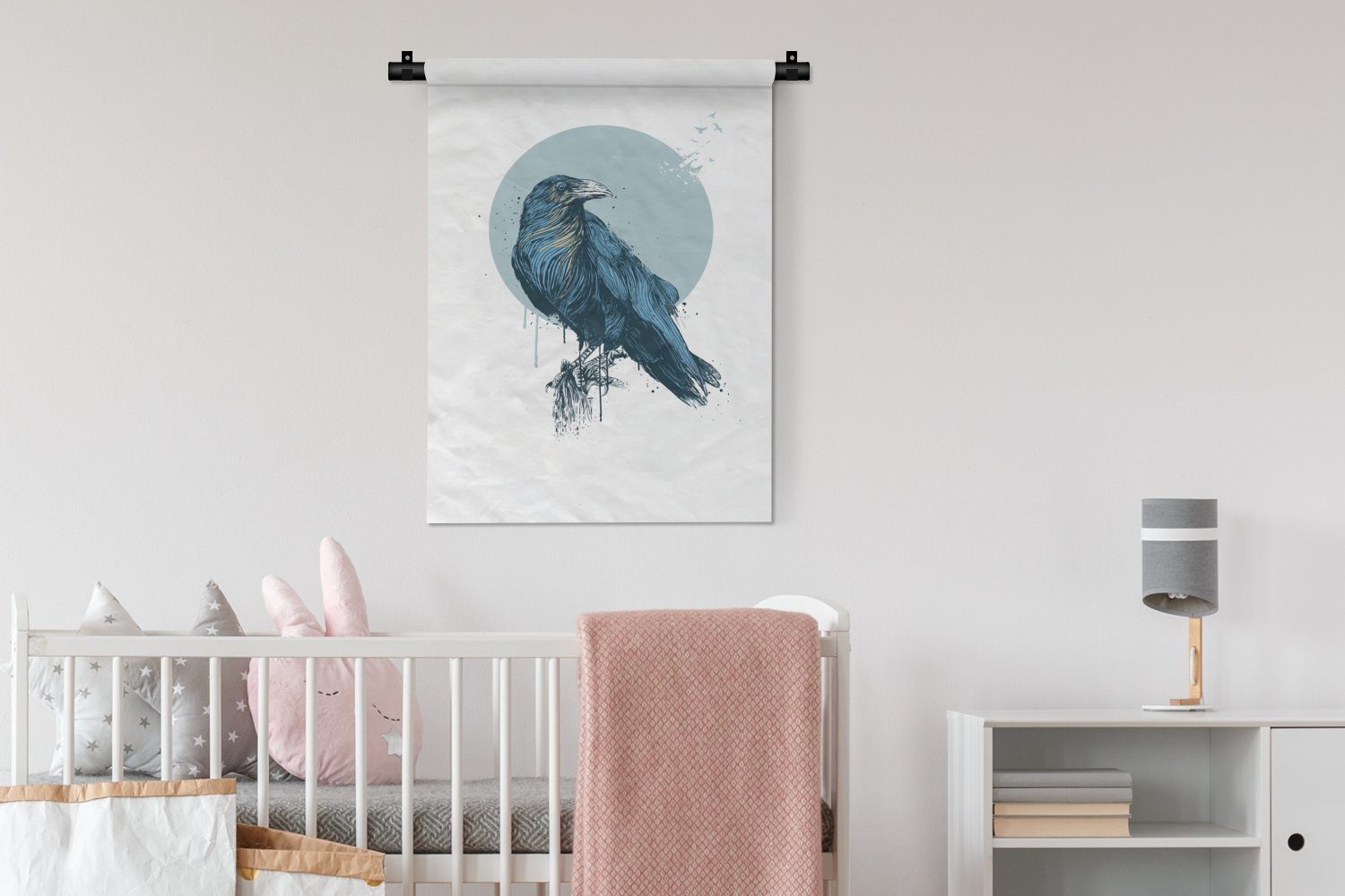 Blau - Vögel, Tapisserie, Wohnzimmer, Wand, Deko für MuchoWow Wanddekoobjekt Schlafzimmer - an Krähe der Mond -