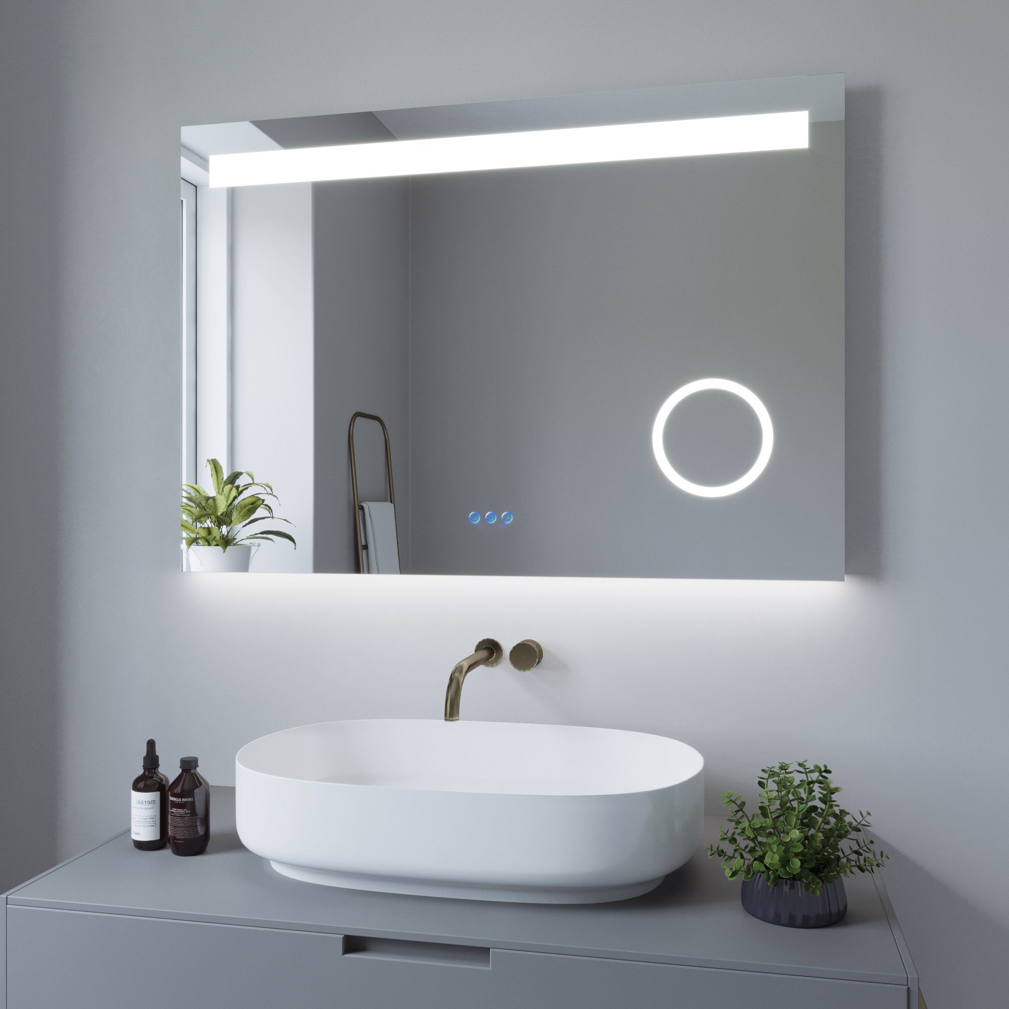 AQUALAVOS Badspiegel LED Badspiegel Beleuchtung Kosmetikspiegel Antibeschlage Lichtspiegel, mit 6400K Kaltweiß&Warmweiß 3000K Beleuchtung, Touch-Schalter Dimmbar