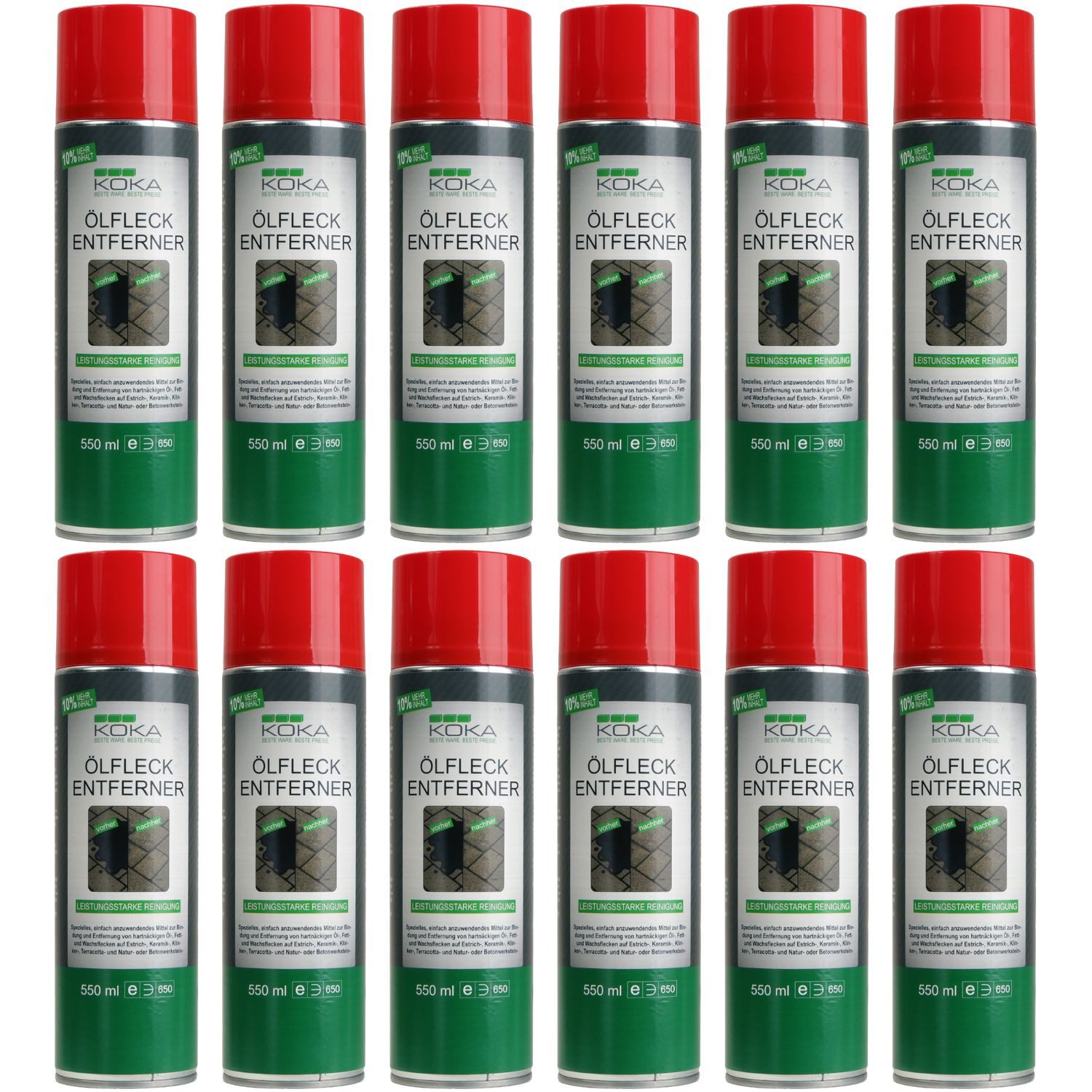 KOKA 12x Ölfleck-Entferner 6,6 L Spray Öl Fleckentferner Steinbodenreiniger (Set, [- 12x Spraydose Bindemittel Ölfleckentferner Öl Ex Pflaster Fliesen Beton Naturstein)