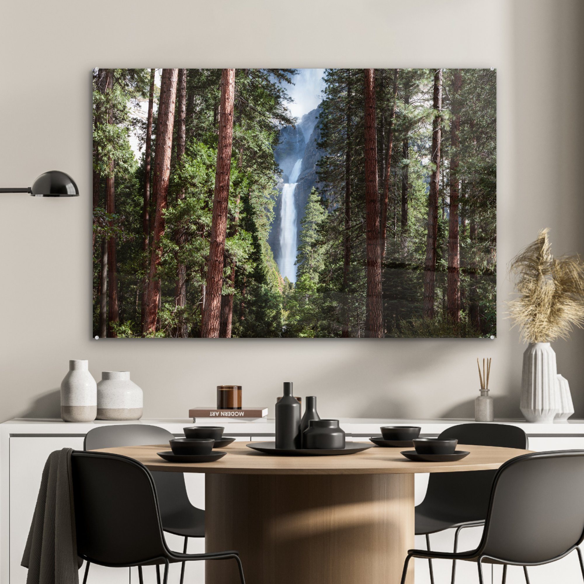 MuchoWow Acrylglasbild Schlafzimmer Yosemite St), & Bäumen Acrylglasbilder National im Wasserfall Wohnzimmer Ein zwischen (1 den i, Park