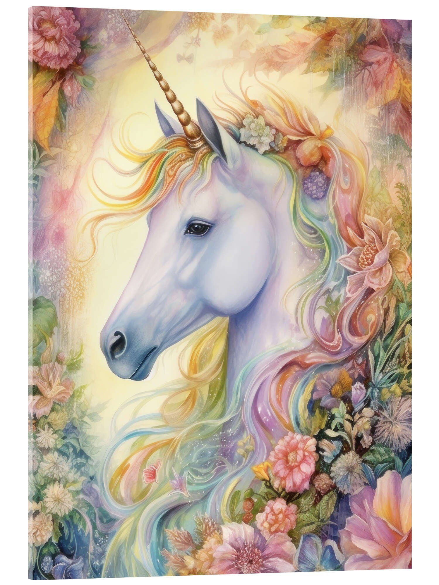Posterlounge Wandbild Einhorn und Blütenknospen, Dolphins DreamDesign, erhältlich als Poster, Leinwandbild, Wandsticker oder Acrylglasbild