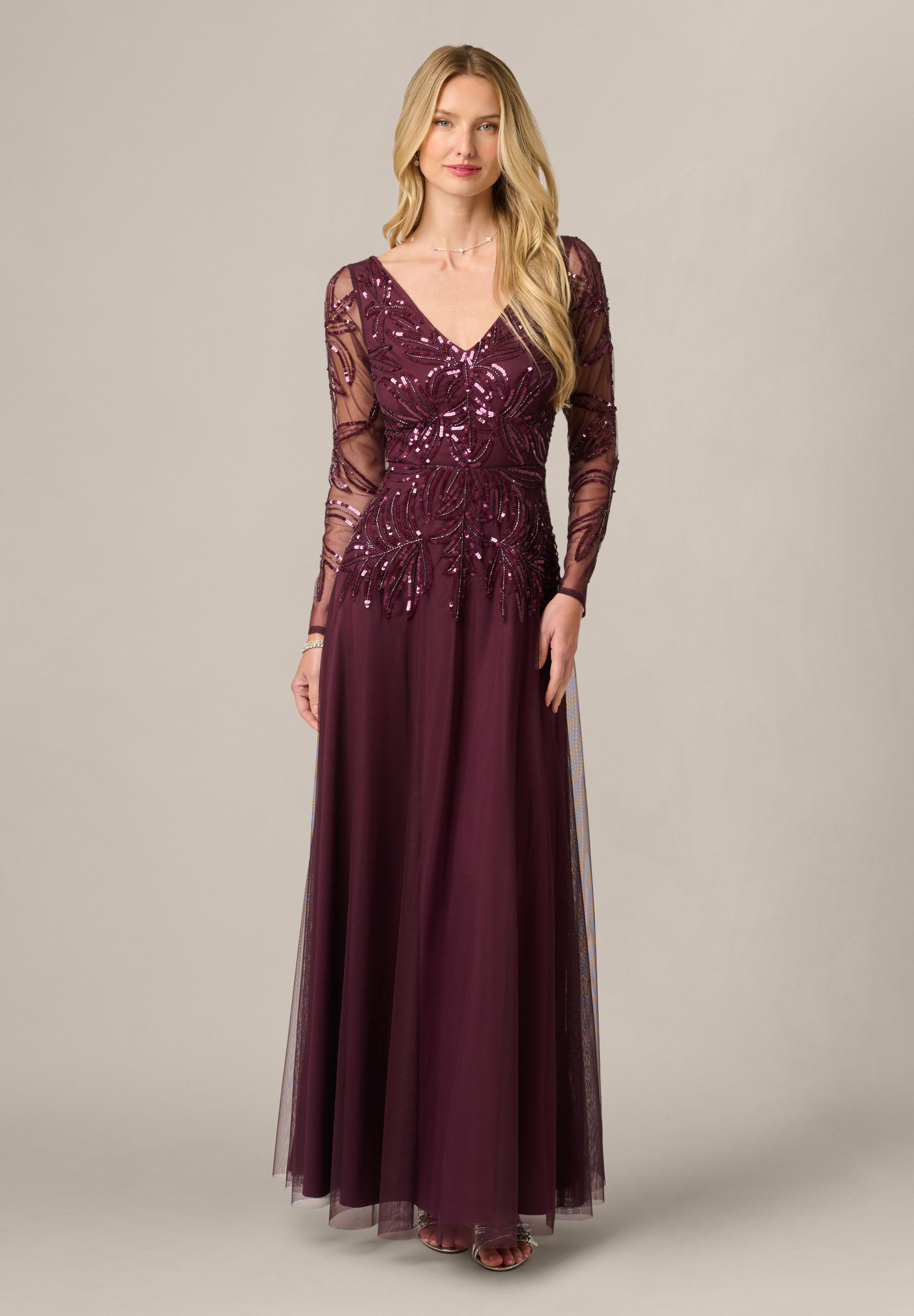 Adrianna Papell Abendkleid Beaded V Neck Long Dress Aufwendig gearbeitetes und elegantes, weit schwingendes Abendkleid