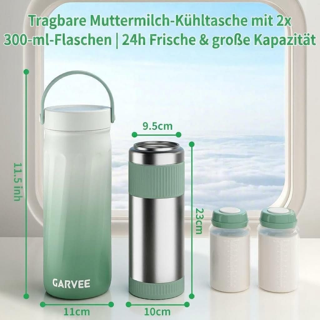 GarveeMore Milchbehälter 650 ml tragbarer Muttermilchkühler mit 24-Stunden-360°-Kühlung, inkl. 2 Flaschen zur Aufbewahrung, Baby-Reisezubehör