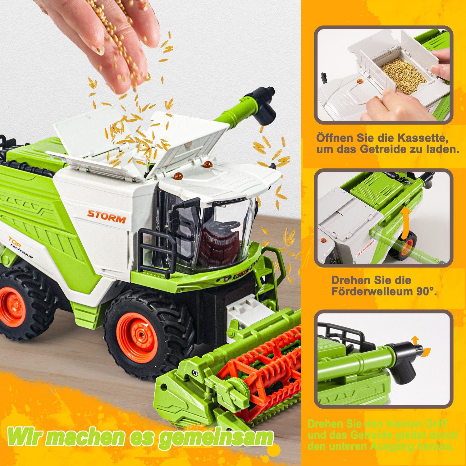 Esun RC-Traktor Ferngesteuerter Mähdrescher, Mähdrescher Spielzeug ab 3 4 5 6 Jahre, (Set, Komplettset), Ferngesteuerter Traktor mit Sprühen, Licht und Ton