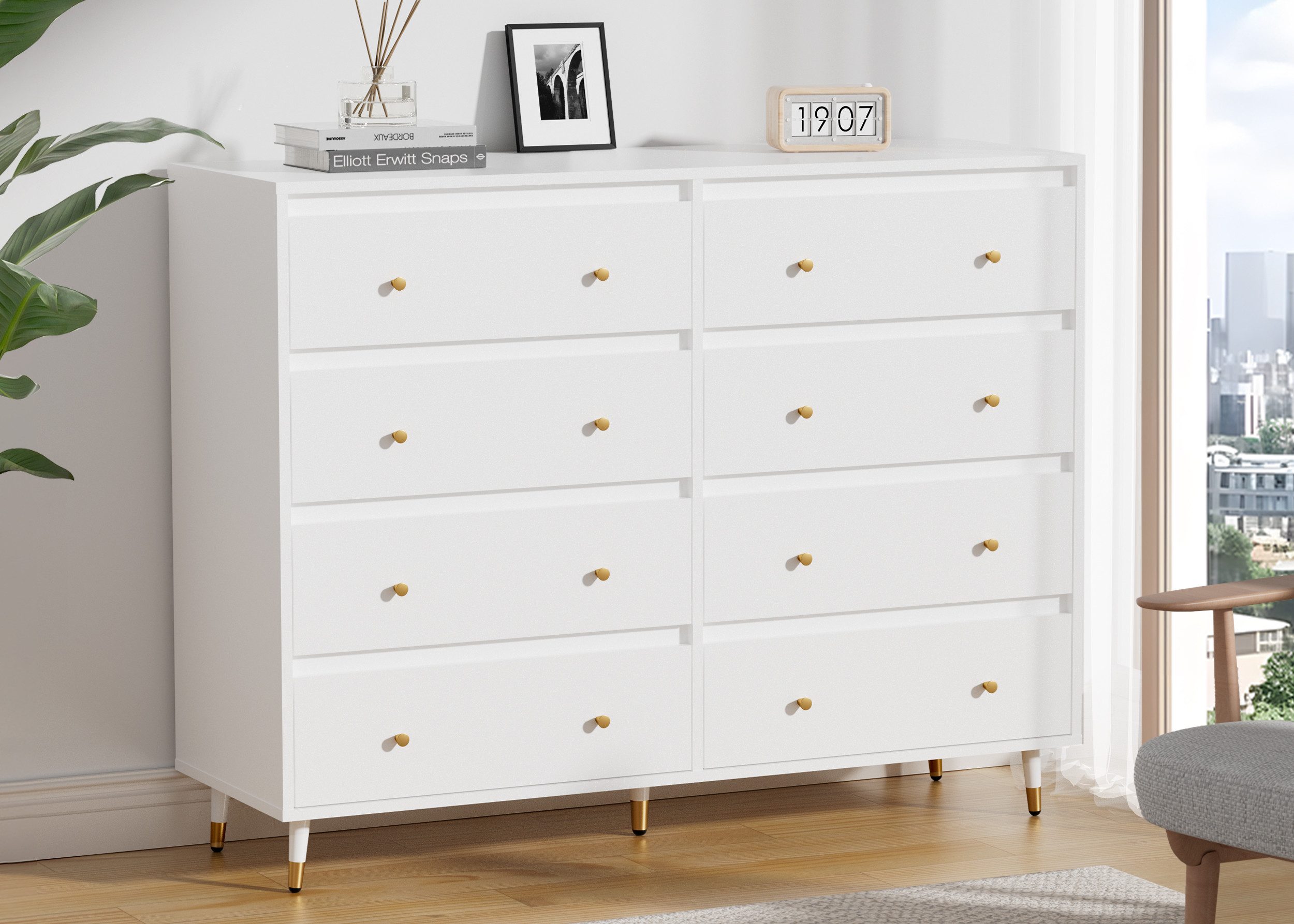 Lexzurn Kommode Kommode mit 3 Schubladen/5 Schubladen/6 Schubladen/8 Schubladen (Modernes Massivholz Sideboard für das Schlafzimmer,Wohnzimmer,Flur und Büro, Schrank,Viele Farbvarianten und Stauraum), Kommode weiß