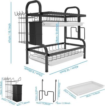 HYIEAR Geschirrständer 2stöckig Geschirrkorb aus mit Abtropfschale und Utensilienhalter, Zubehör für Geschirr, für Zubehör für Geschirr/Messer/Becher/Schneidebrett