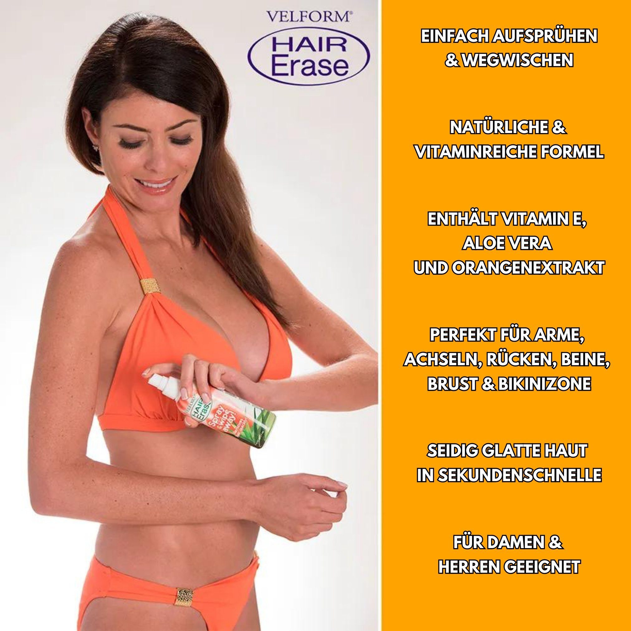 E, Aloe 2 Velform®️ Erase St., Orangenextrakt und Enthaarungsspray, Velform® Hair Vera mit Vitamin Zitrusfrüchten, Enthaarungscreme