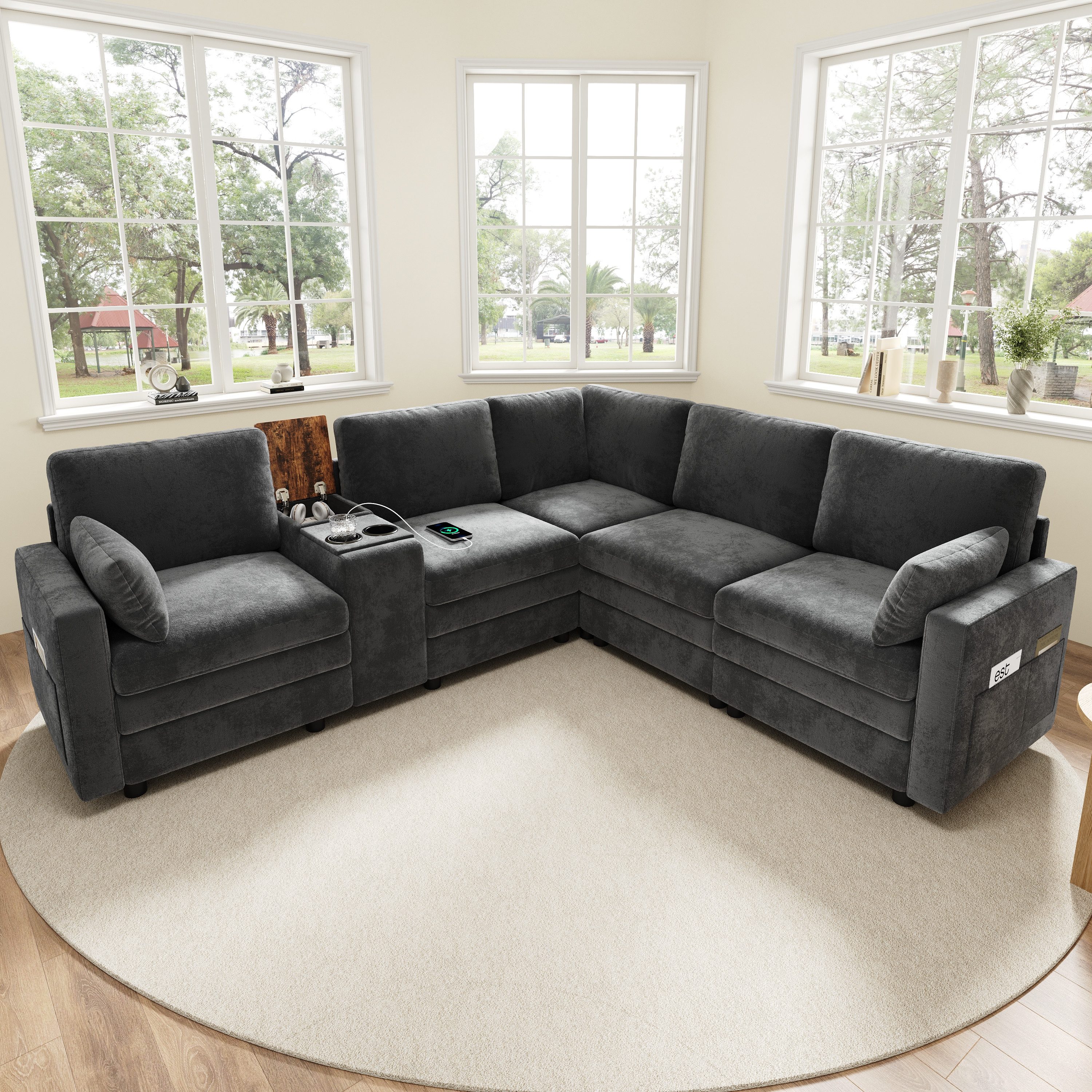 Merax Ecksofa L-Form Sofa mit wendbarer Mittelkonsole & USB-Anschlüssen, Modulares Sofa für Wohnzimmer & Schlafzimmer 1 Teile, 5-Sitzer-Sofa mit Getränkehaltern, 2 Zierkissen & Stauraum, Chenille