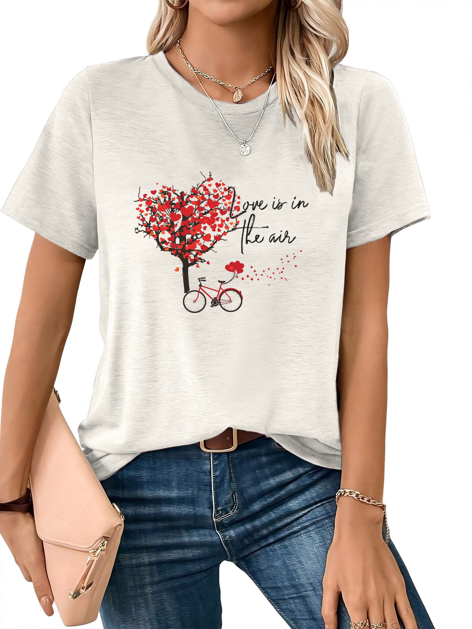 PYLIKE T-Shirt Damen Casual Kurzarmshirt mit Liebesbaum Druck bequemes t shirt Bequem für Freizeit und Büro,Strandurlaub