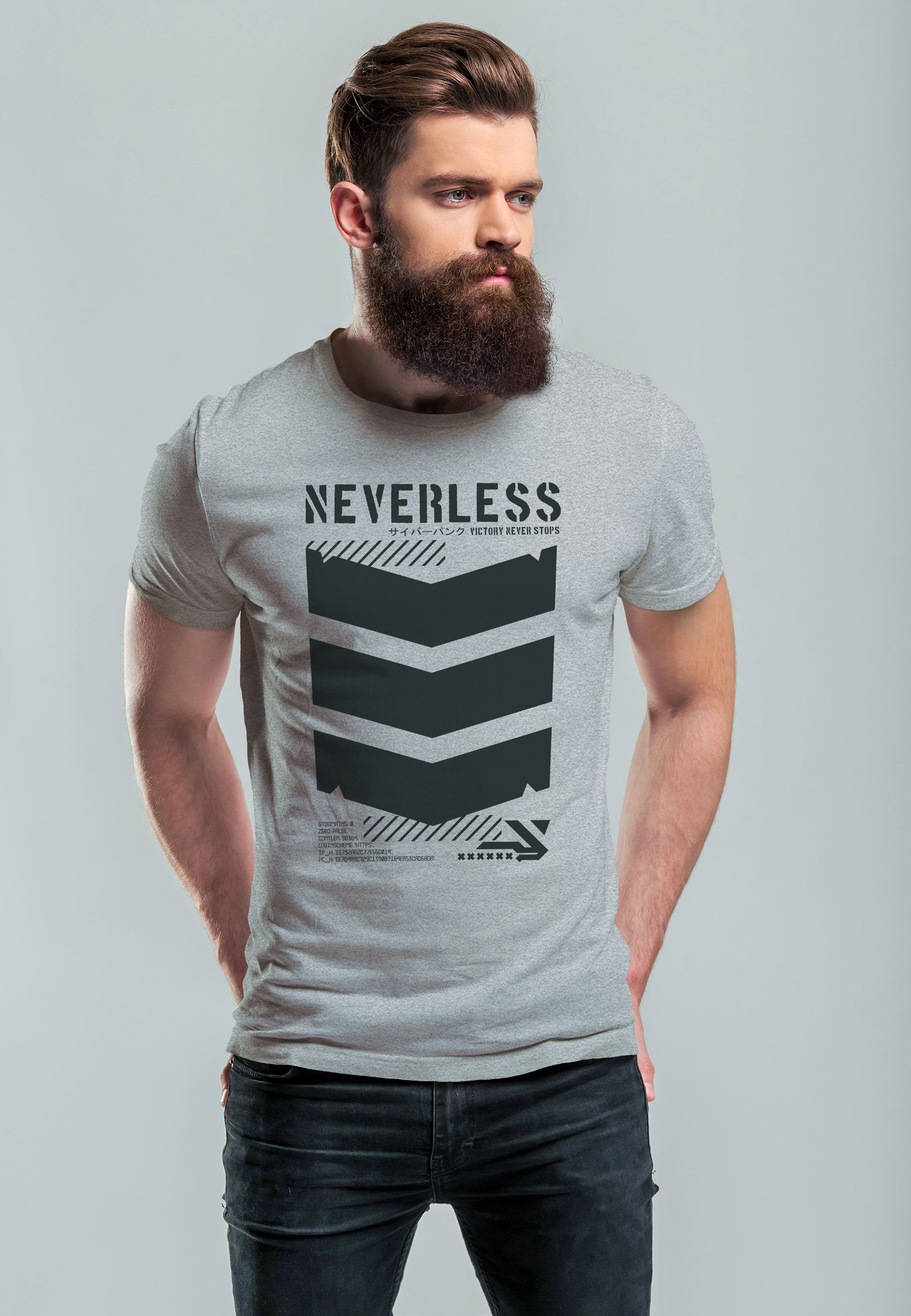 Military Motive Print-Shirt Fas Herren Print Japanese mit T-Shirt Neverless grau Streetstyle Trend Techwear