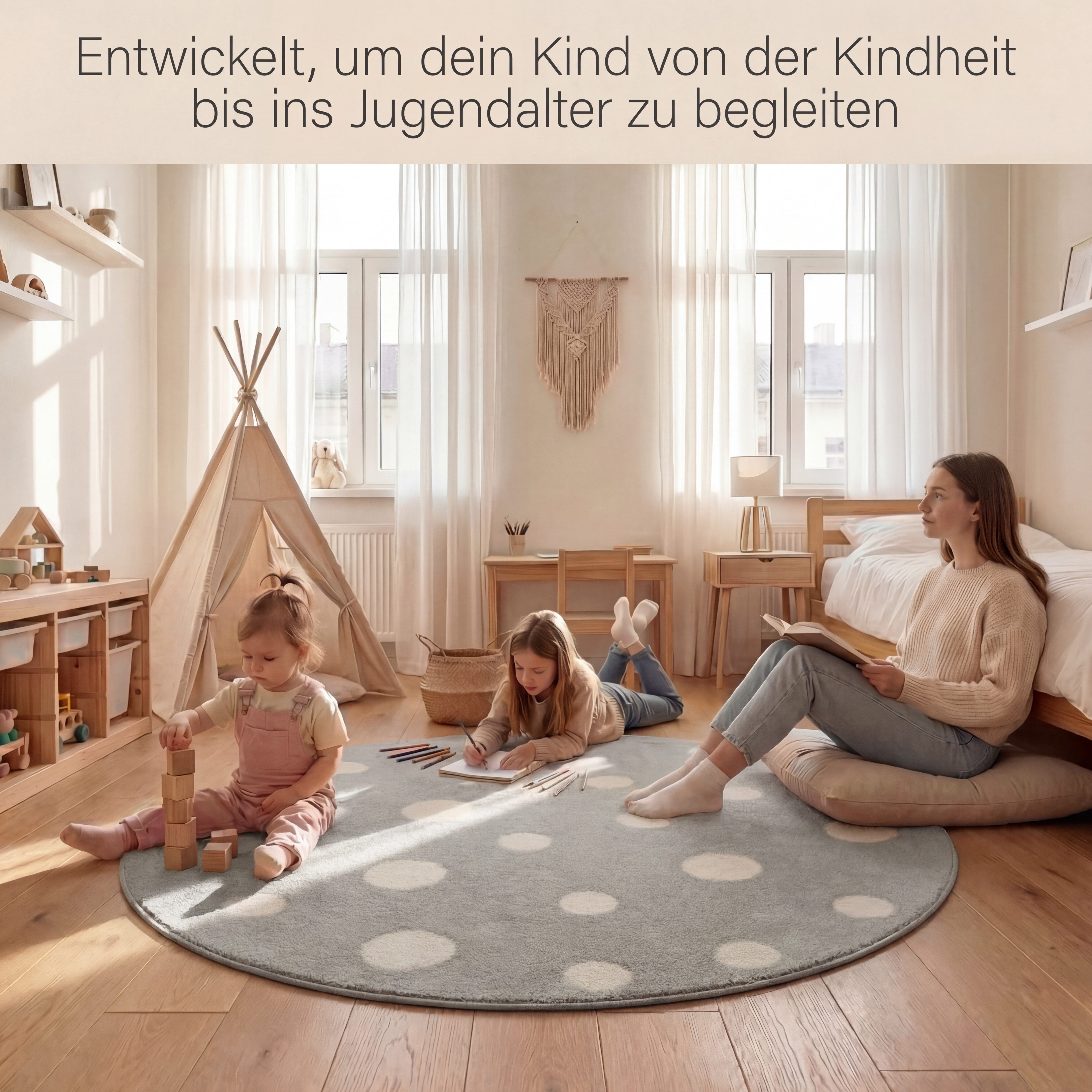 Jimri Kinderteppich DOT´S Teppiche für Kinderzimmer, Kinderzimmerteppich, Teppich, Rund, Regenbogen
