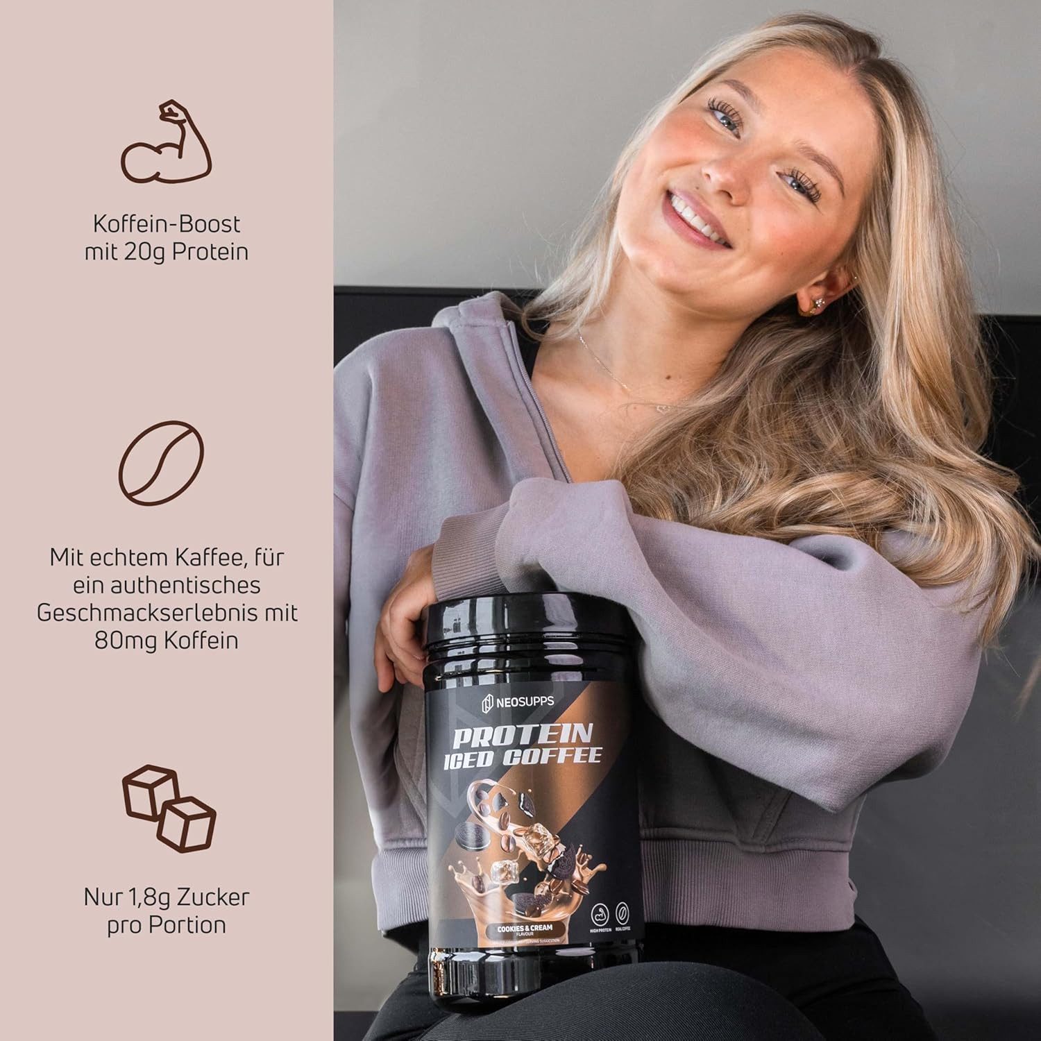 Neosupps Protein Iced Coffee Cookies & Cream 500g, Eiweißkaffee mit 20g Protein Pulver, 500 g, 80mg Koffein pro Portion, Protein Drink mit Kaffee & Cookie-Stückchen