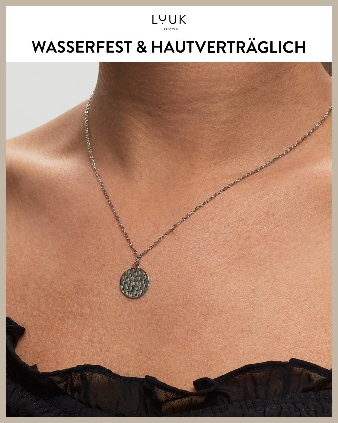 LUUK LIFESTYLE Kette mit Anhänger Boho Coin hammered, mit Happiness Spruchkarte, wasserfest und hautverträglich