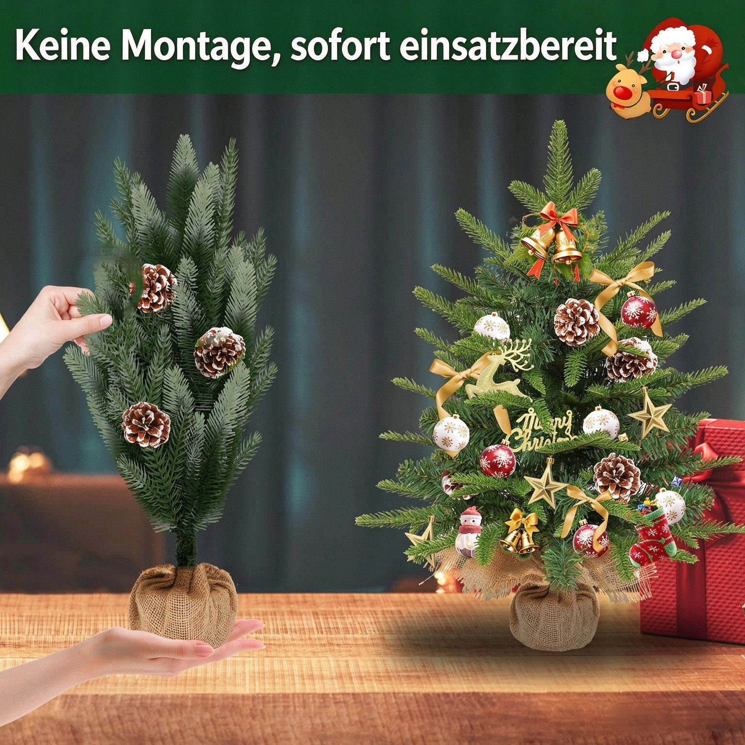 FIVMEN Künstlicher Weihnachtsbaum 60cm Höhe Tischchristbaum Weihnachtsdekobaum mit LED Lichterkette, Klein Christbaum Tannenbau mit Batteriebox und Basis – Bild 5 von 5