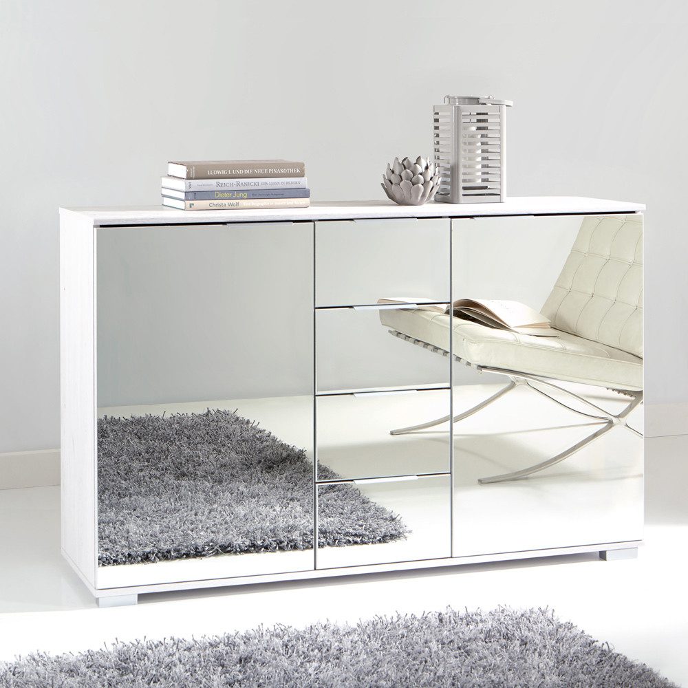 Lomadox Nachttisch ELSTRA-43, Schlafzimmer Sideboard in weiß mit Spiegelfront, B/H/T 130/83/41 cm