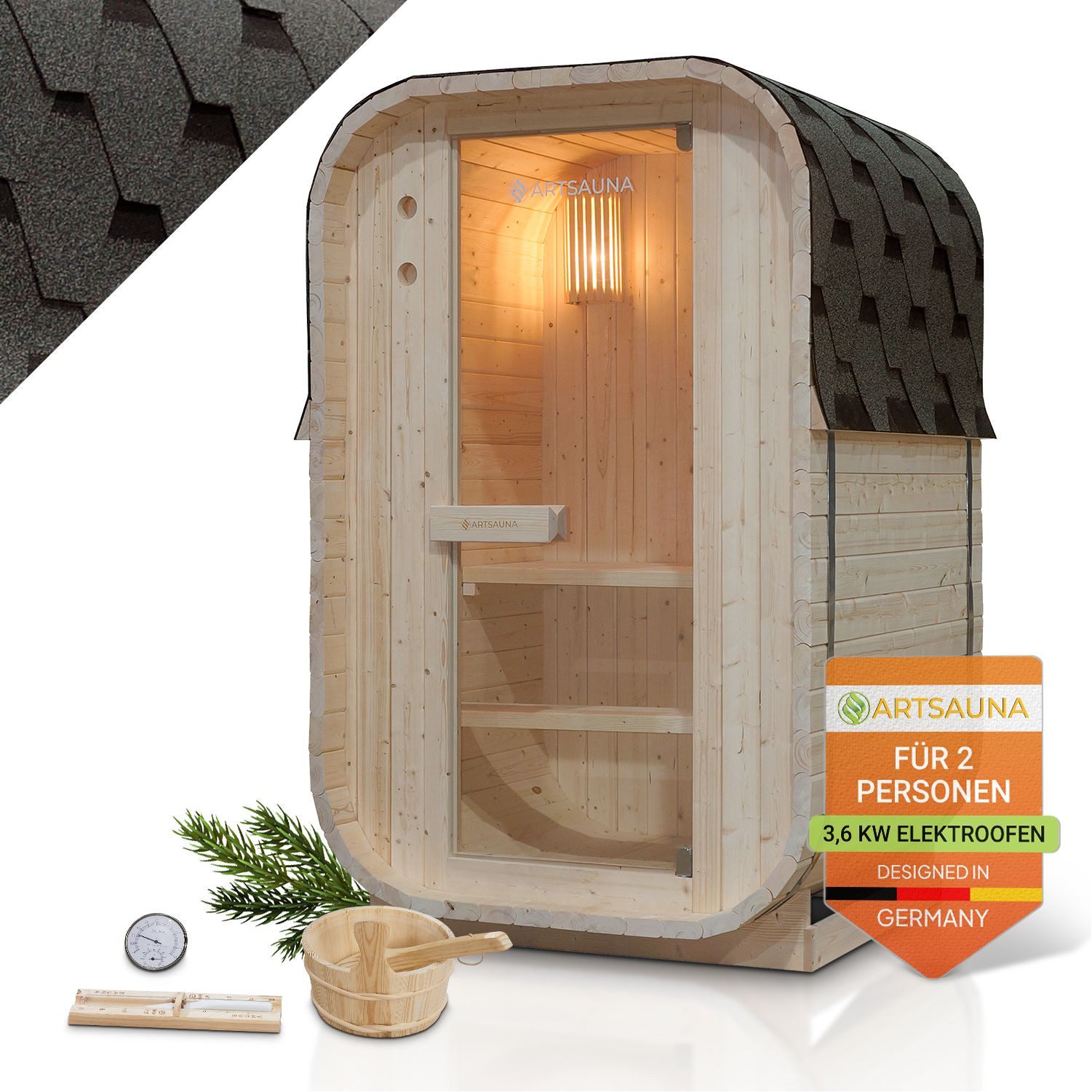 Artsauna Fasssauna Nolvik, BxTxH: 128 x 120 x 194 cm, 38 mm, Für 1 bis 2 Personen, 3,6 kW Saunaofen, Fichtenholz, Zubehör-Set