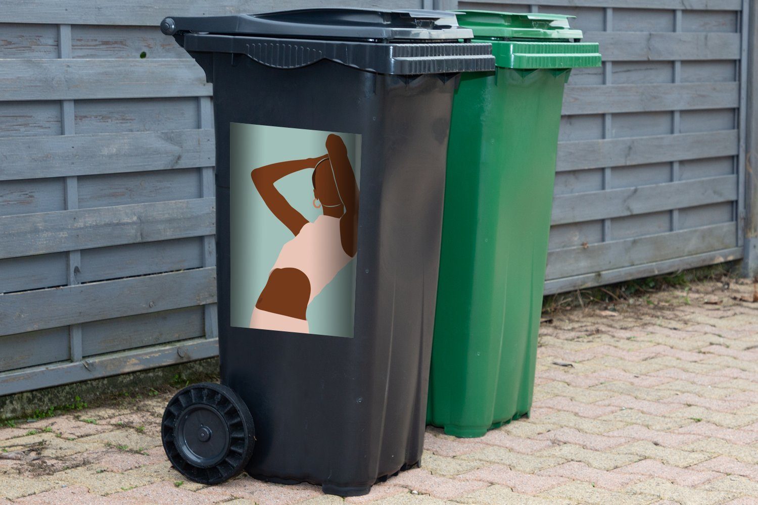MuchoWow Wandsticker Frau - Sticker, Abstrakt Sommer Mülltonne, Container, - St), Abfalbehälter Mülleimer-aufkleber, (1