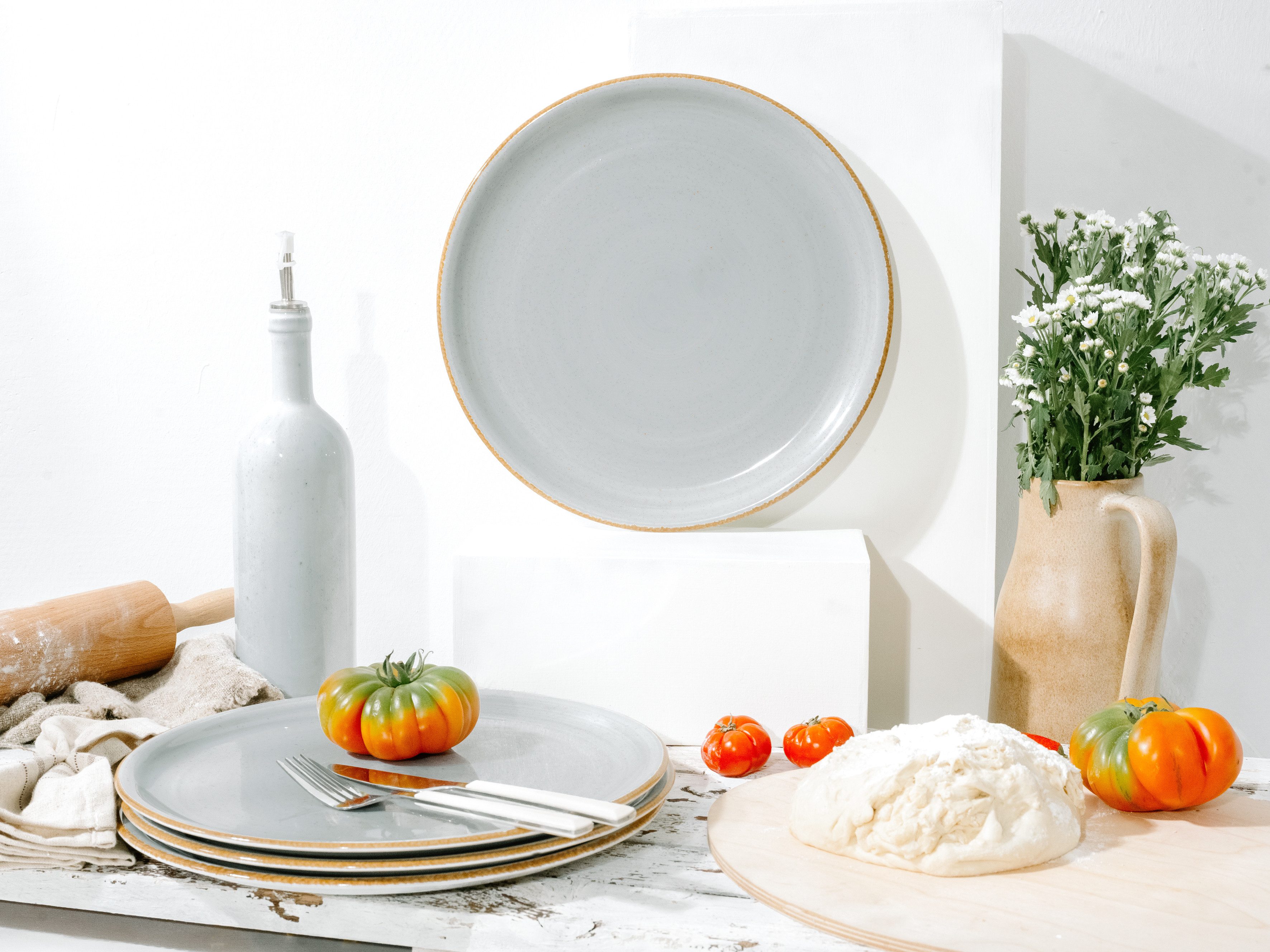 CreaTable Pizzateller Vintage Nature, Pizzateller 33 cm 4-tlg, (4 St), Teller Set, Handgemalt, Gesprenkelt, Rustikales Außenband