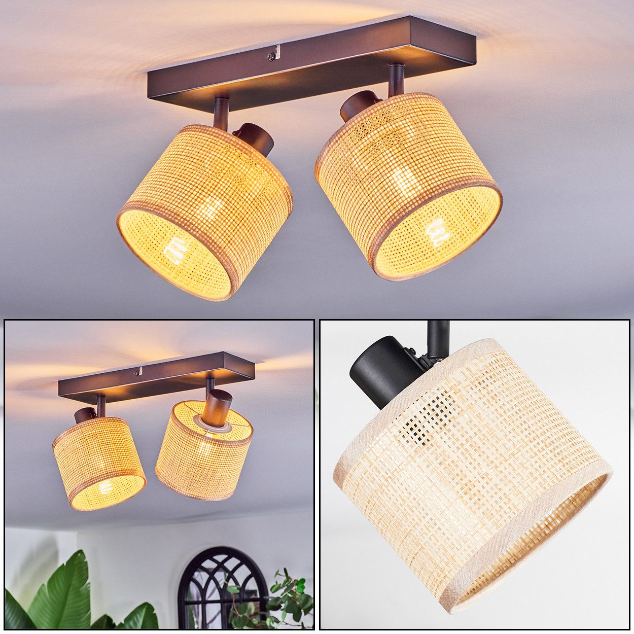 hofstein Deckenleuchte Deckenlampe aus Metall/Papiergflecht/Stoff in Schwarz/Natur/Braun, ohne Leuchtmittel, verstellbare Deckenleuchte im Boho-Design (Schirme Ø 12 cm), 2 x E14