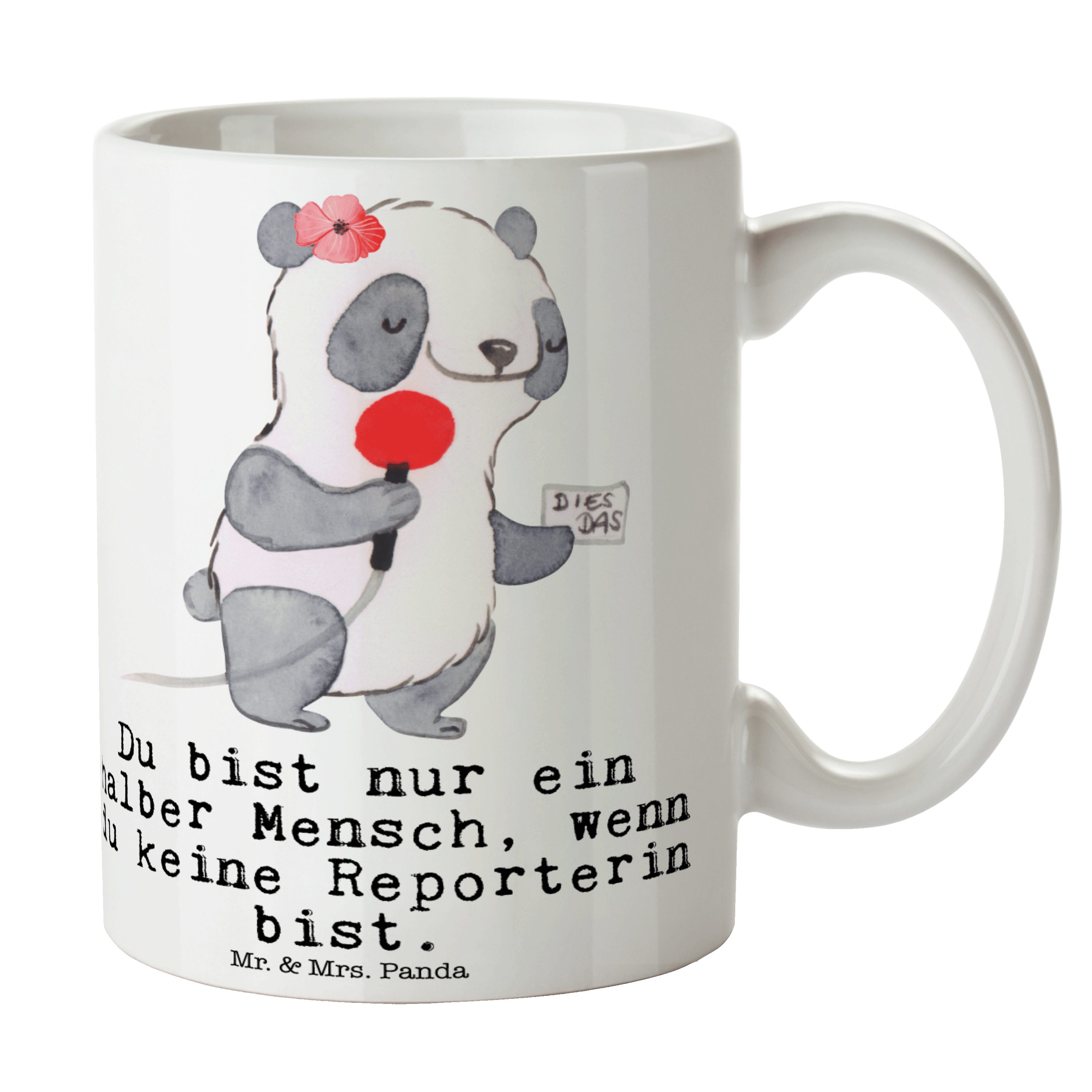 Mr. & Mrs. Panda Tasse Reporterin mit Herz - Weiß - Geschenk, Rente, Geschenk Tasse, Kaffeet, Keramik | Tassen