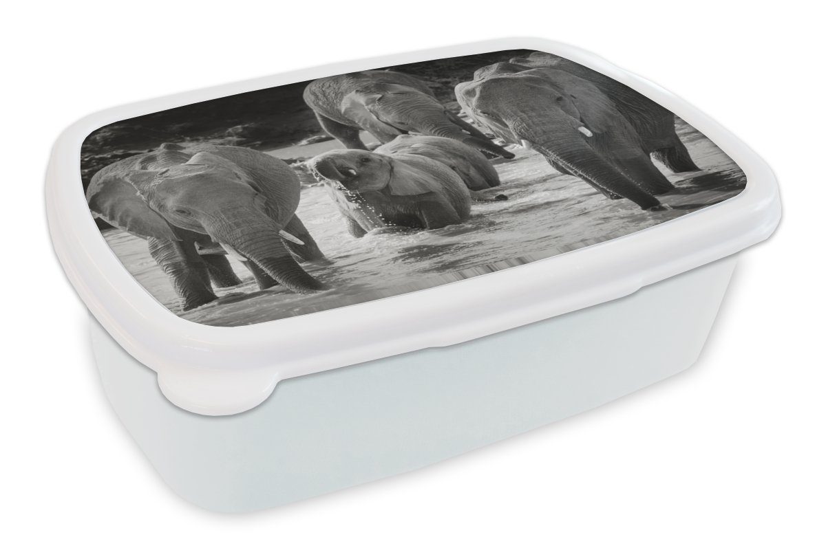 MuchoWow Lunchbox Elefant - Tiere - Wasser - Schwarz und weiß, Kunststoff, (2-tlg), Brotbox für Kinder und Erwachsene, Brotdose, für Jungs und Mädchen
