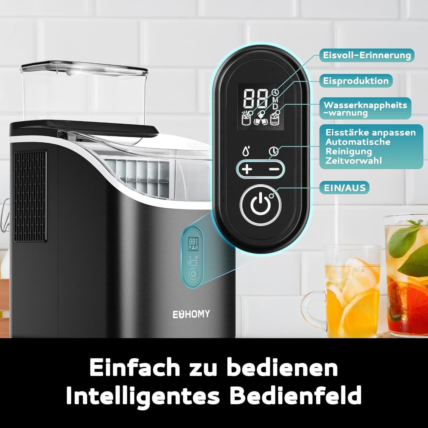 EUHOMY Eiswürfelmaschine Eiswuerfelmaschine 15 kg/24H, Quadratische Eiswürfel, 2L, Eiswuerfeldicke individuell einstellbar mit Timer und Selbstreinigung – Bild 4 von 5