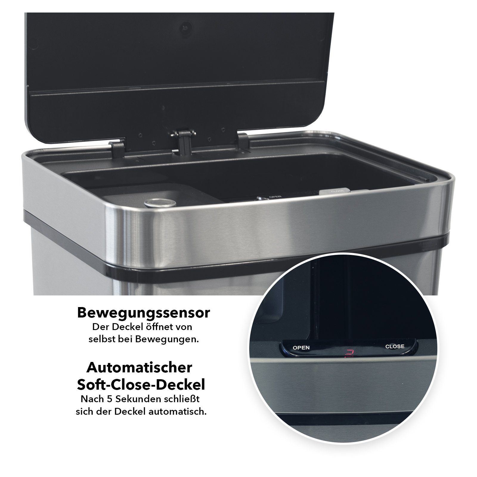 Karat Mülleimer Dirk, großer elektrischer Abfalleimer für die Küche mit Sensor, 4 Fächer Mülltrennsystem mit automatischem Deckel
