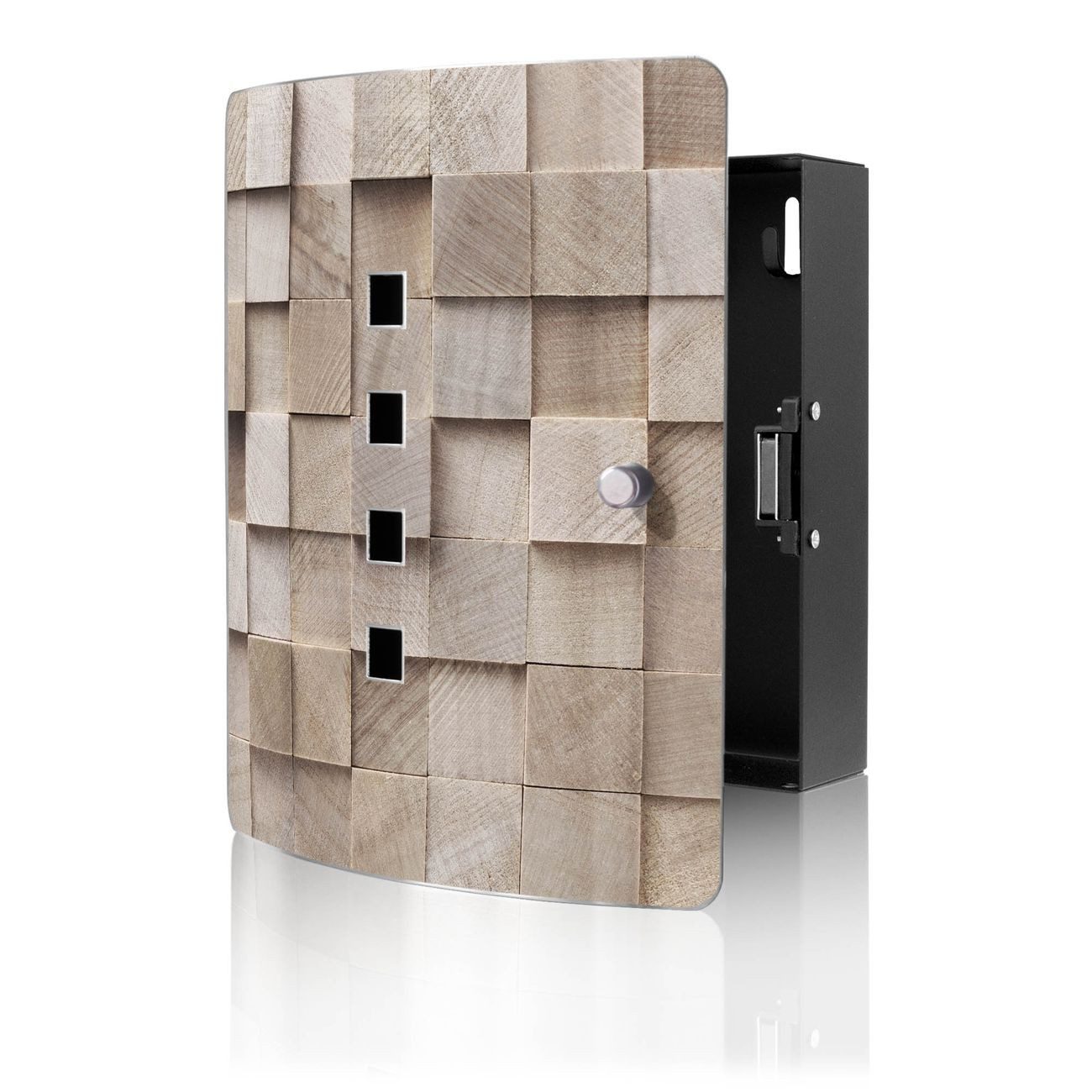 banjado Schlüsselkasten Edelstahl mit Motiv Bauklötze Relief (verstellbarer Magnetverschluss, mit 10 Haken, gebogene Tür, einstellbarer Magnet), 24 x 21,5 x 7 cm