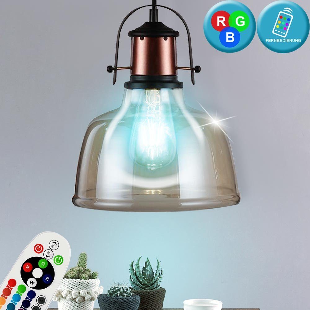 etc-shop LED Pendelleuchte, Leuchtmittel Decken inklusive, Warmweiß, im Fernbedienung Farbwechsel, Leuchte Glas Set Pendel Hänge Vintage Lampe