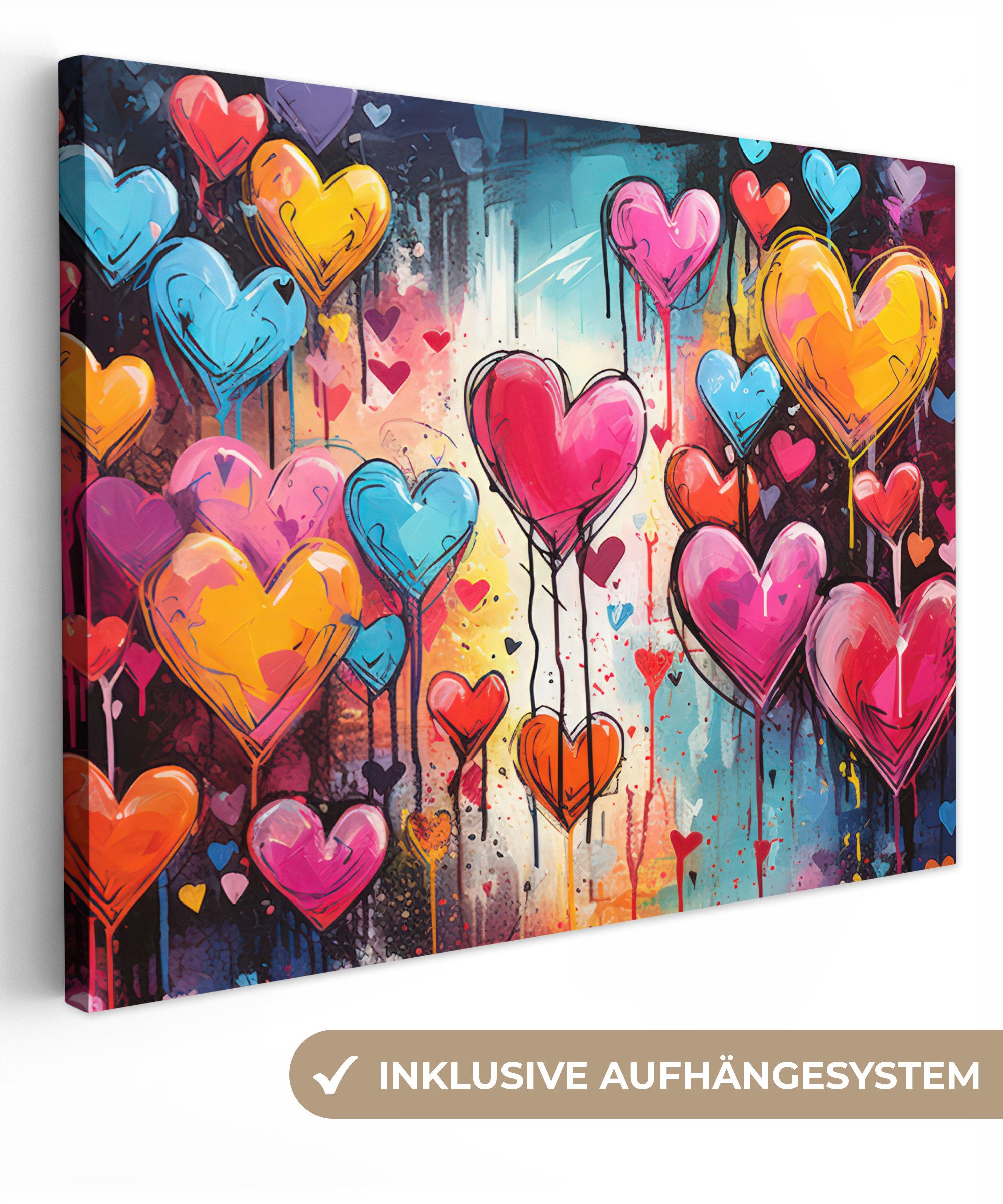 OneMillionCanvasses® Leinwandbild Herzen - Farben - Kunst - Liebe, (1 St), Wandbild Leinwandbilder, Aufhängefertig, Wanddeko 40x30 cm
