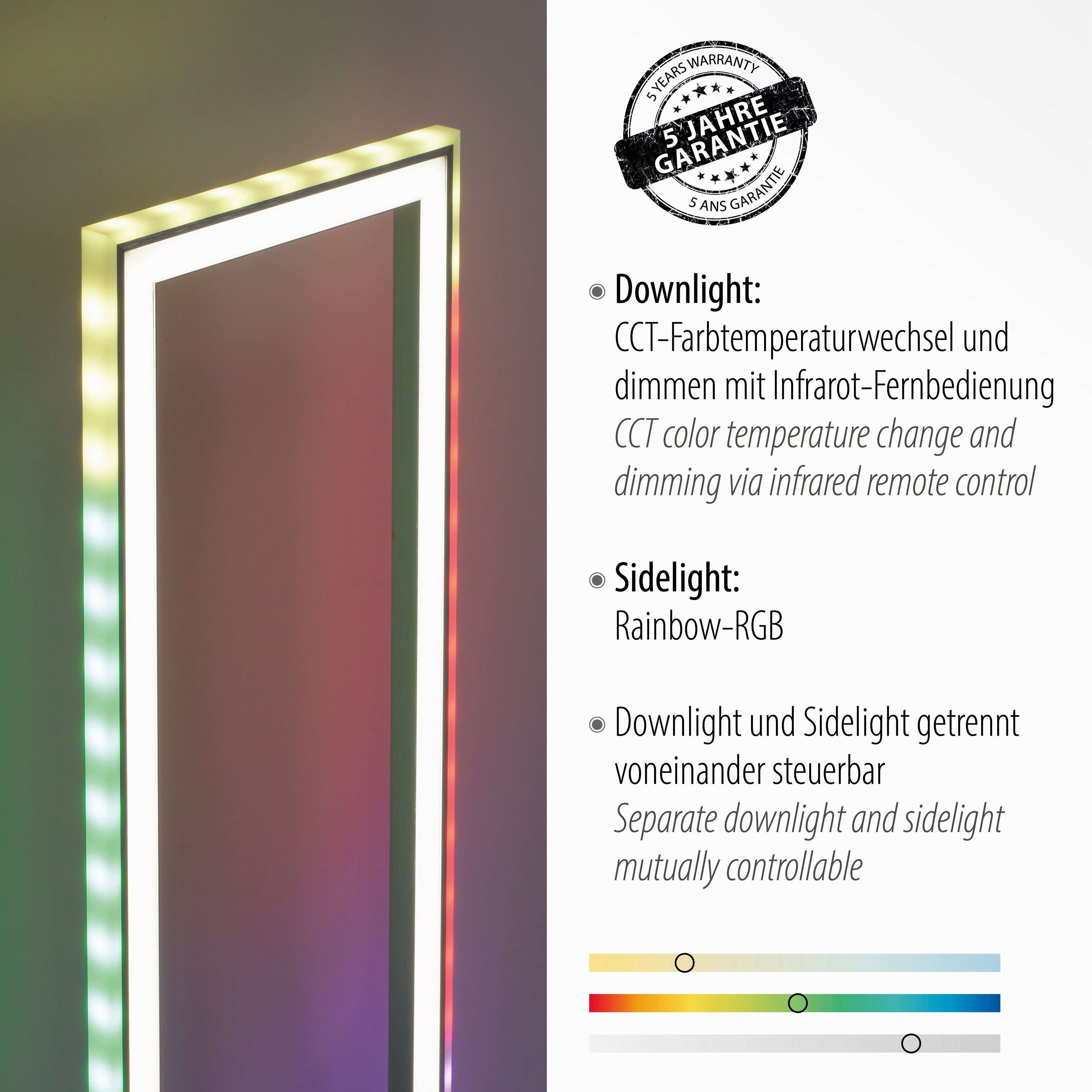 Leuchten Direkt Stehlampe FELIX60, LED RGB-Rainbow, Infrarot inkl.,Schalter CCT Fernbedienung, LED, - über kaltweiß, fest - warmweiß integriert