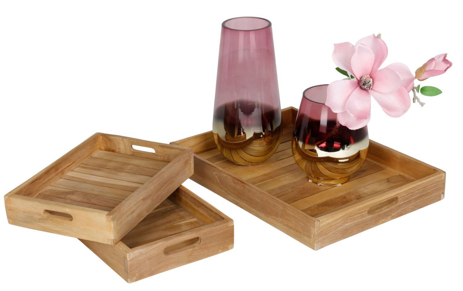 BURI Servierteller Tablett-Set aus Teakholz 3tlg Serviertablett Dekotablett Frühstückstab, Holz