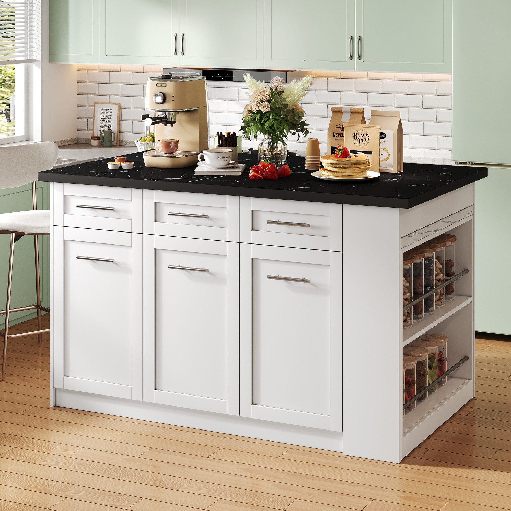 Celya Kücheninsel mit ausziehbarem Esstisch und integrierten Stauschränken, (6 Schubladen, geschlossene Fächer, offene Ablagefächer), Ideal für Esszimmer und Küche