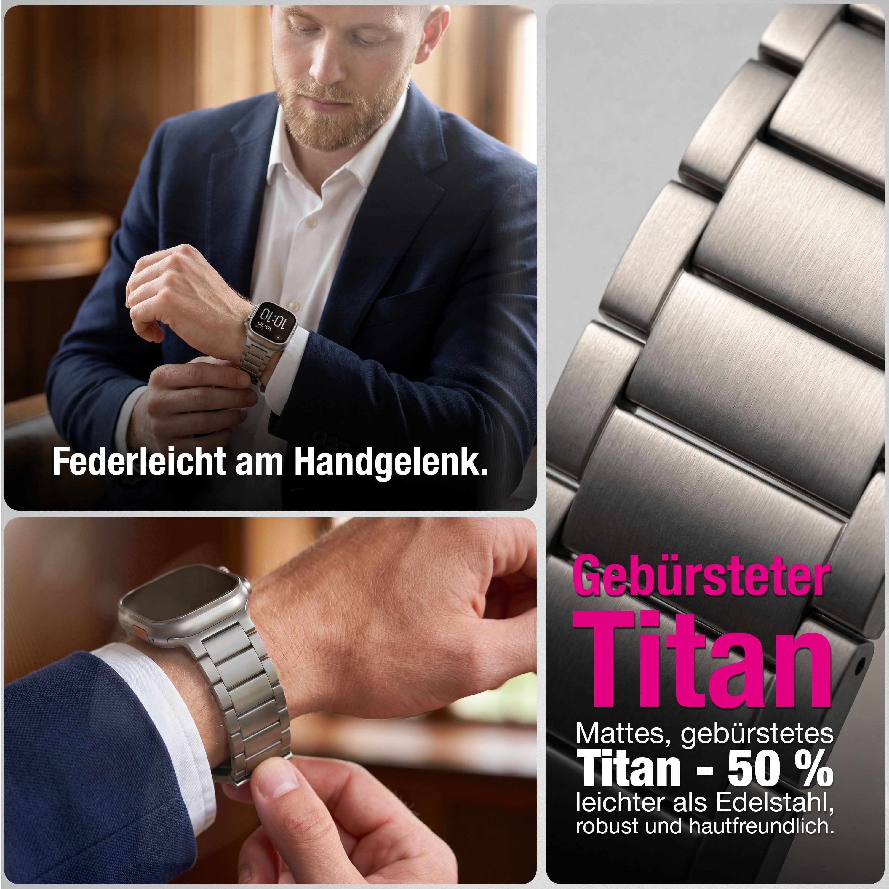 Nalia Smartwatch-Armband Apple Watch 38mm/40/41/42(Serie 10/11), Leichtes Titan Ersatzarmband / für Fitness Uhr / Rostfrei & Kratzfest