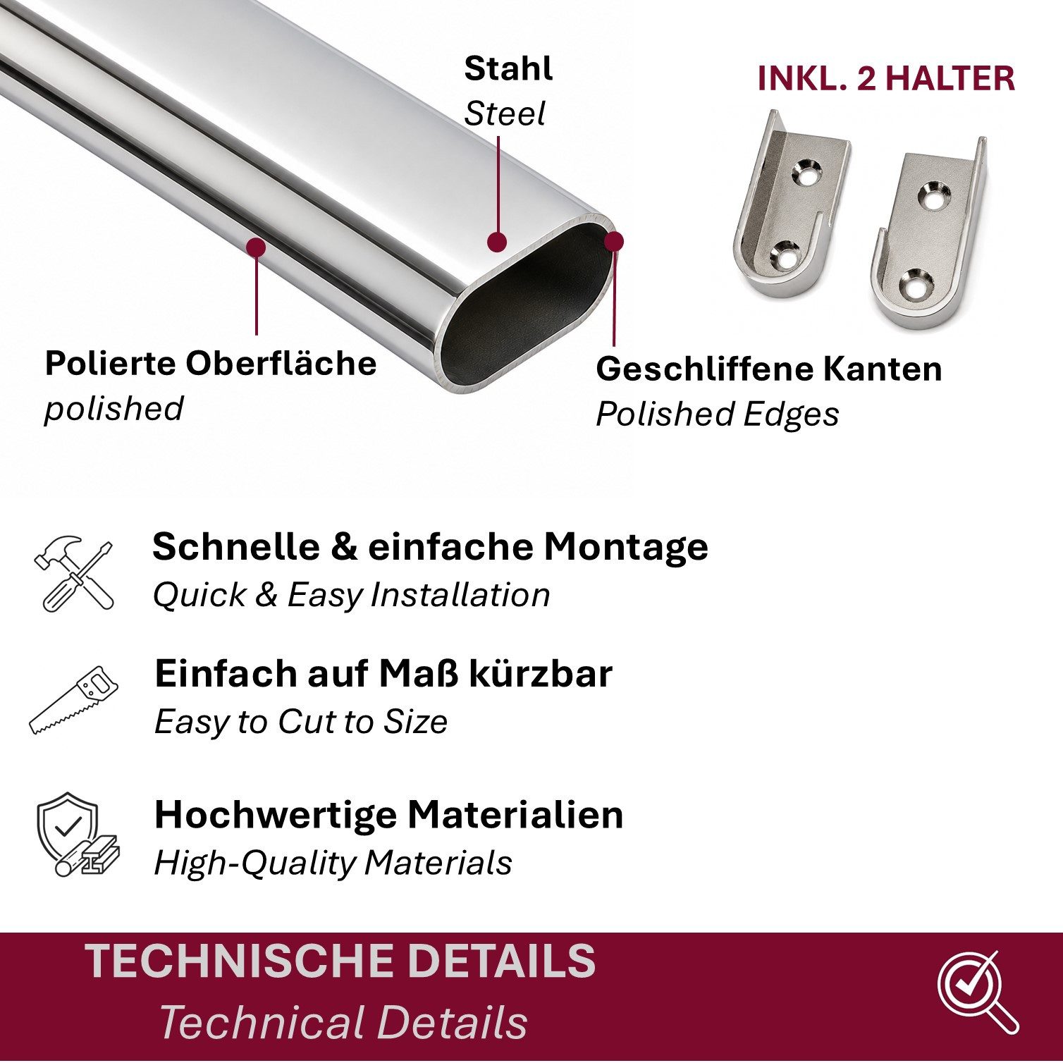 HOOZ Kleiderstange Schrankrohr Oval 50 - 120 cm Stahl inkl. Halter Silber 1er Set (Set, 2 St., 2 x Garderobenstange), Individuell kürzbar, geschliffene Rohrkanten, stabile Metallhalter