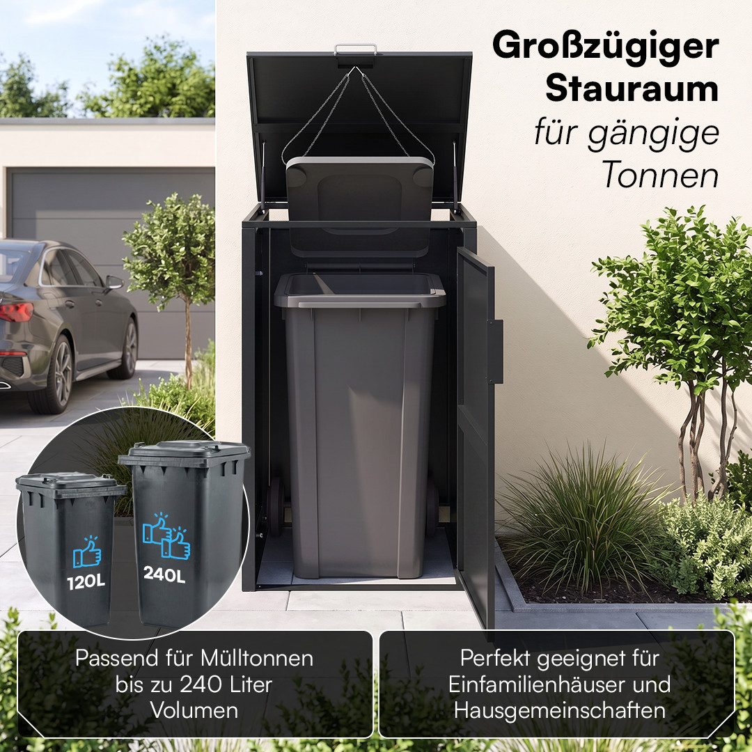 STEELSØN Mülltonnenbox Thoria 240L aus verzinktem Stahl (Graphitschwarz, verfügbar mit 1, 2, 3, 4, oder 5 Türen), Für 1 Tonne