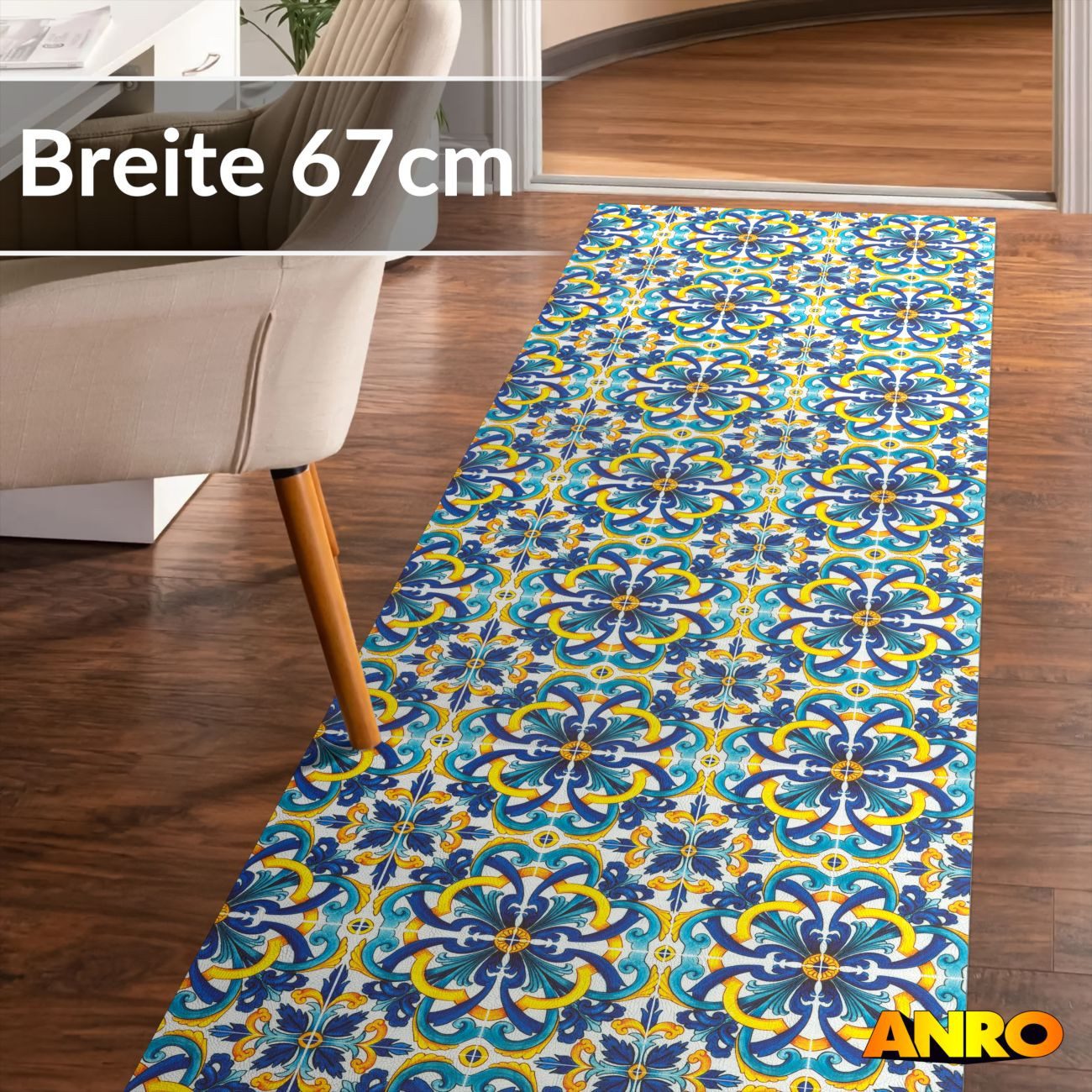 ANRO Küchenläufer abwaschbar Fliese LADY Läufer hochwertig Küchenteppich, Rechteckig, Höhe: 3 mm, robust schmutzabweisend 67x100cm Oriental Bunt robust