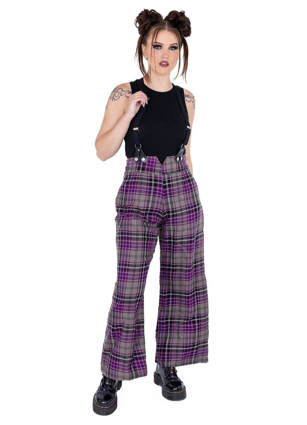 Rockabella Stoffhose Imelda Tartan Karo Kariert Grau Lila Punk Trousers